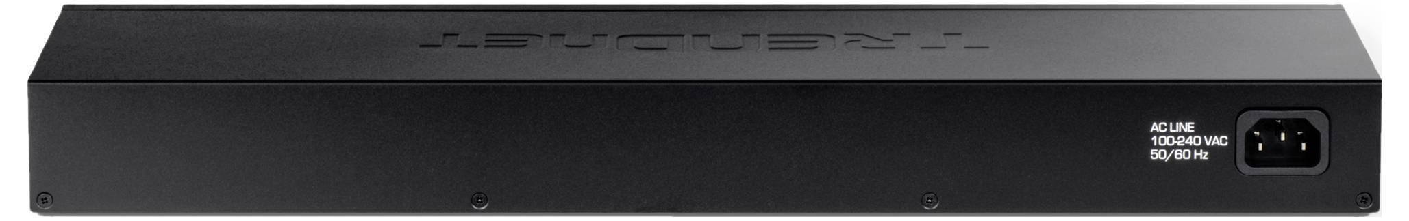 Schwarzes elektronisches Gerät mit der Aufschrift 'Technische Daten 100-240V' auf der rechten Seite, Rückansicht.