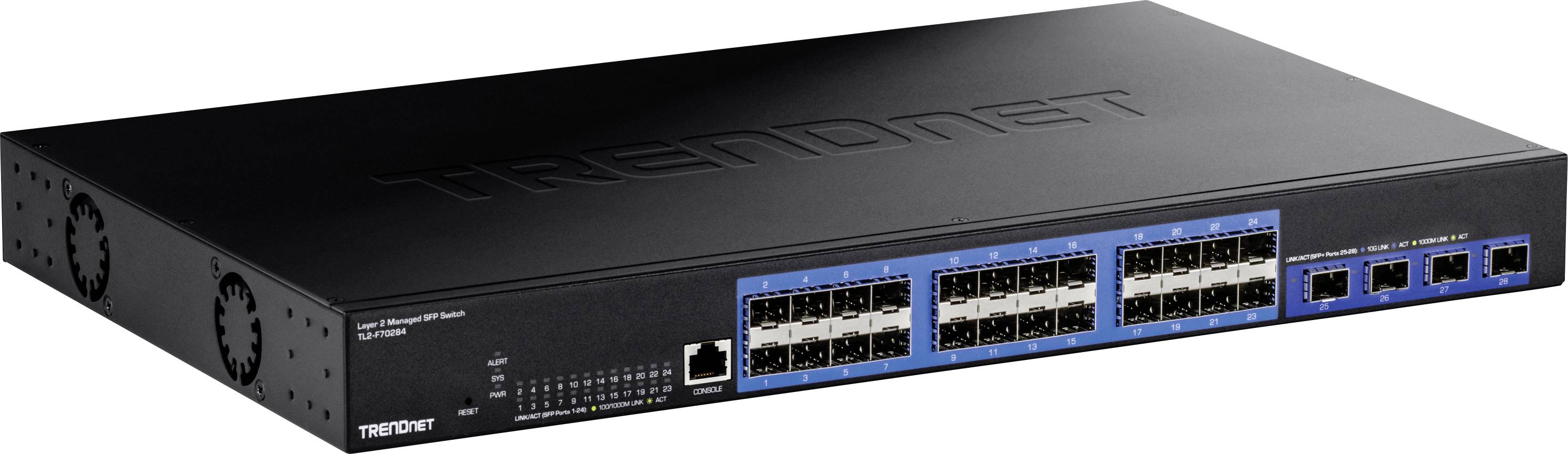 Schwarzer TRENDnet Netzwerk-Switch mit mehreren Ethernet-Ports, geeignet für hohe Datenübertragungsgeschwindigkeiten in IT-Umgebungen.