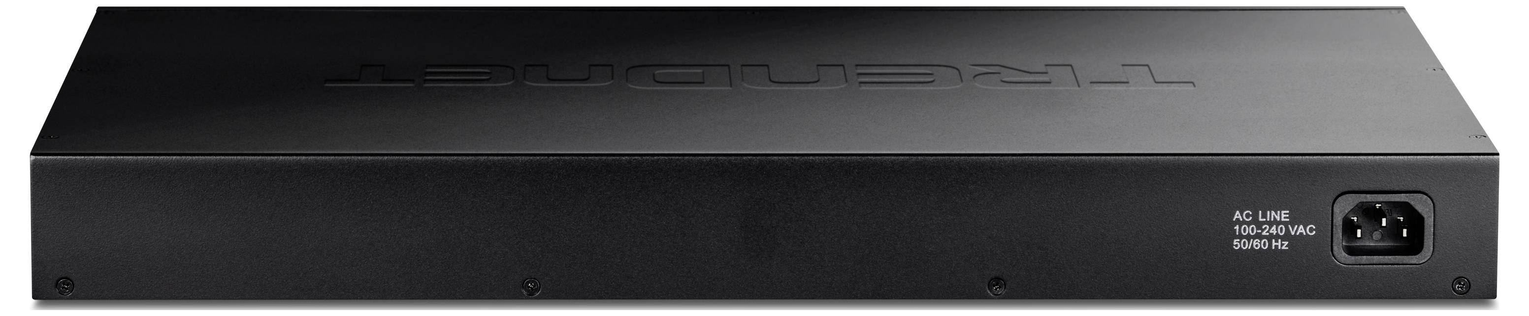 Schwarzes elektronisches Gerät in rechteckiger Form, auf der Oberseite mit 'TRENDnet' beschriftet. Rückseite: Stromanschluss für 100-240V.