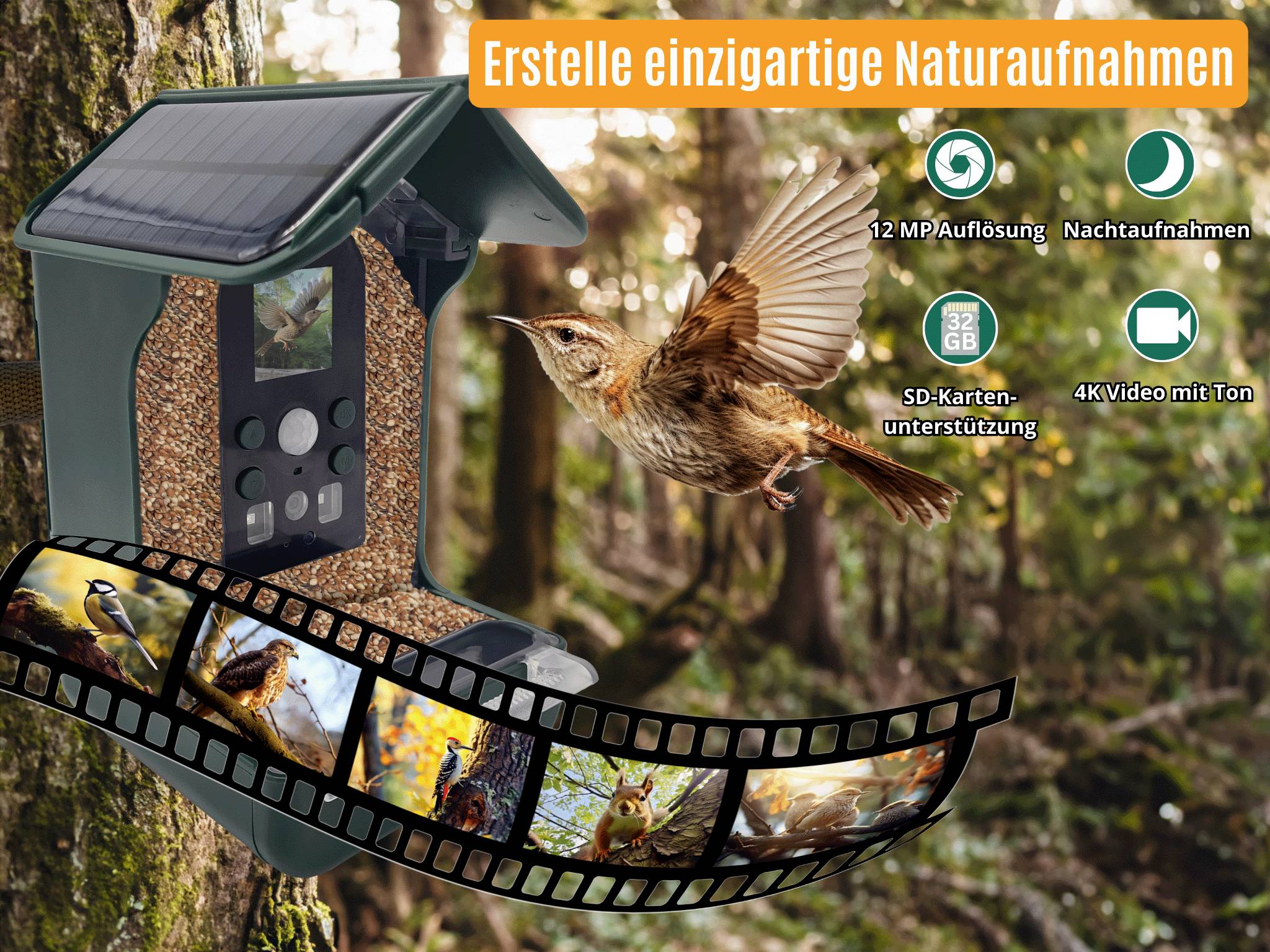 Wildkamera im Wald, zeigt einen Vogel im Flug. Texteinblendungen: 'Erstelle einzigartige Naturaufnahmen', '12 MP Auflösung', 'Nachtaufnahmen', 'SD-Kartenunterstützung', '4K Video mit Ton'.