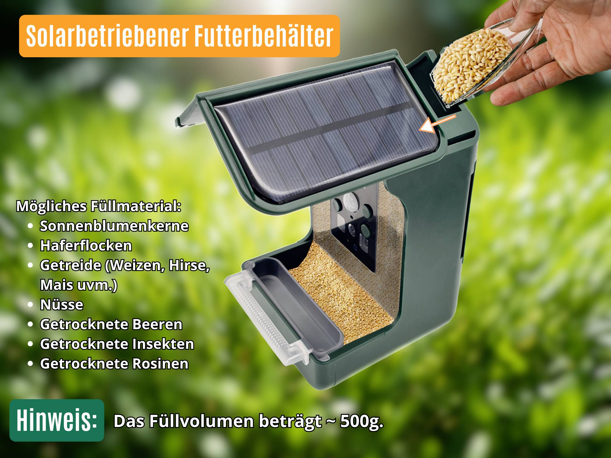 Solargetriebener Futterbehälter mit offenem Deckel, gefüllt mit Körnern. Auflistung möglicher Füllmaterialien und Füllvolumen.