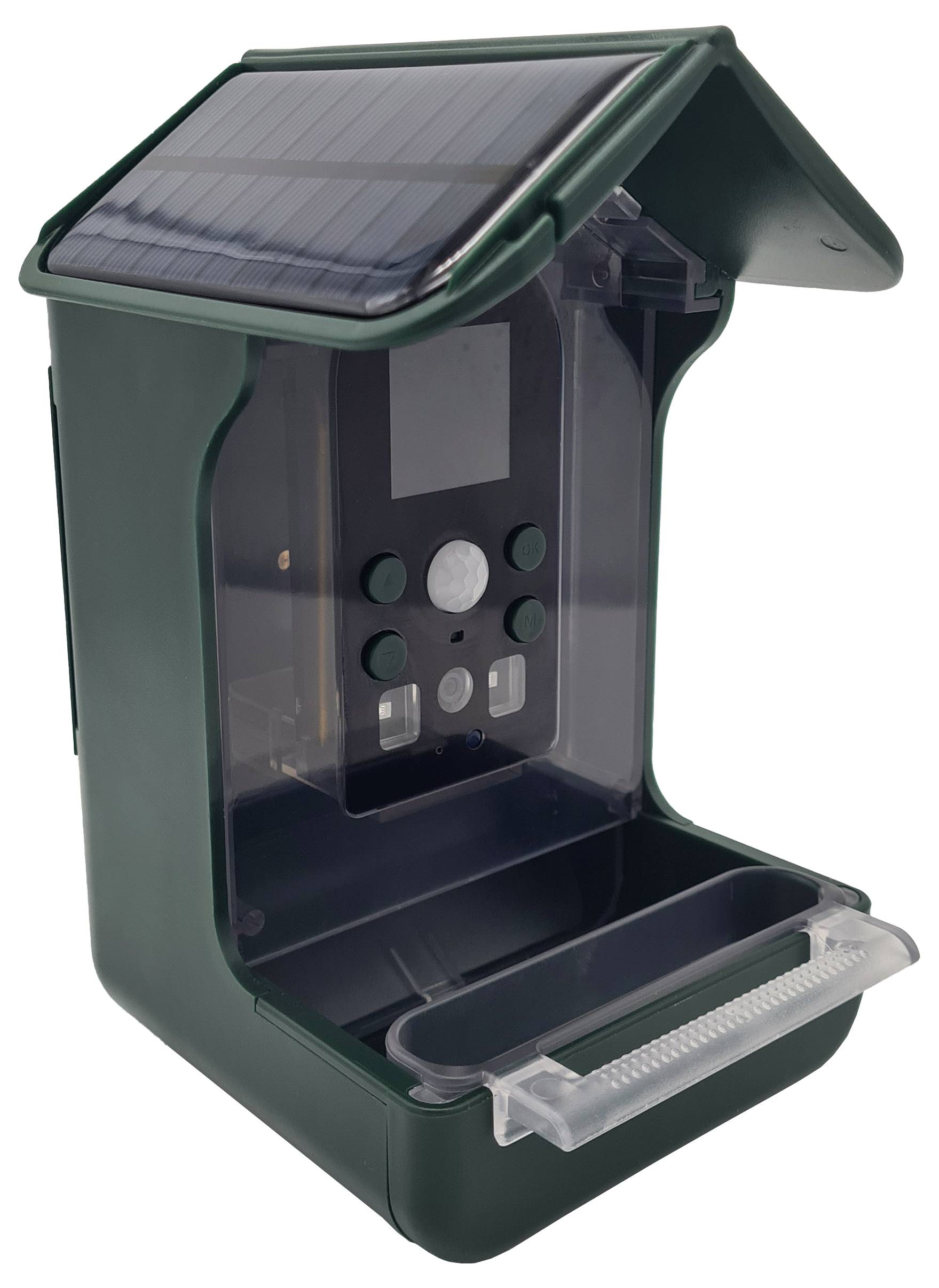 Grünes, solarbetriebenes Gerät mit offenen Paneelen, Tasten und Display zur Überwachung oder Steuerung von Funktionen im Freien.