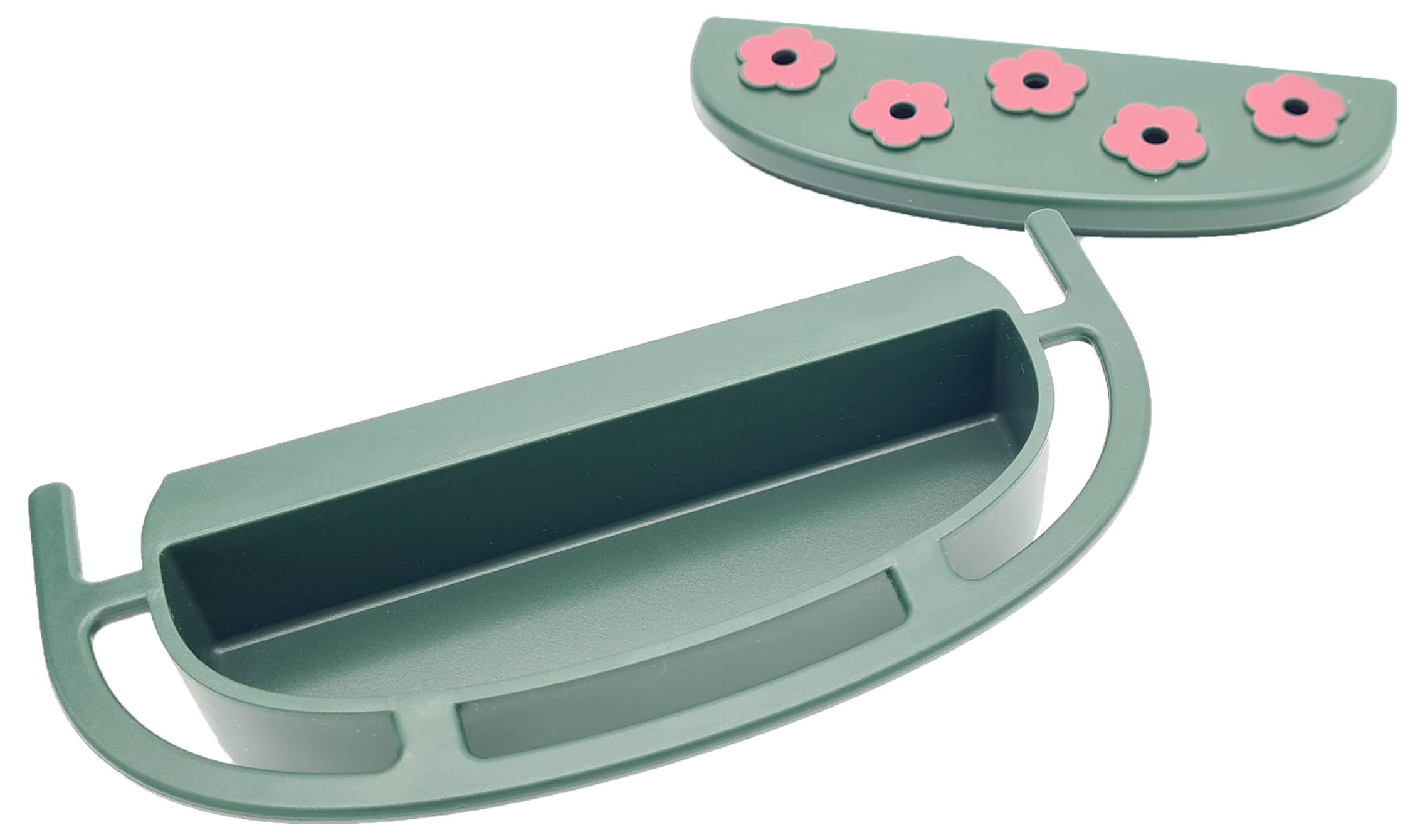 Grüner Halter mit abnehmbarer Abdeckung, dekoriert mit rosa Blumen.