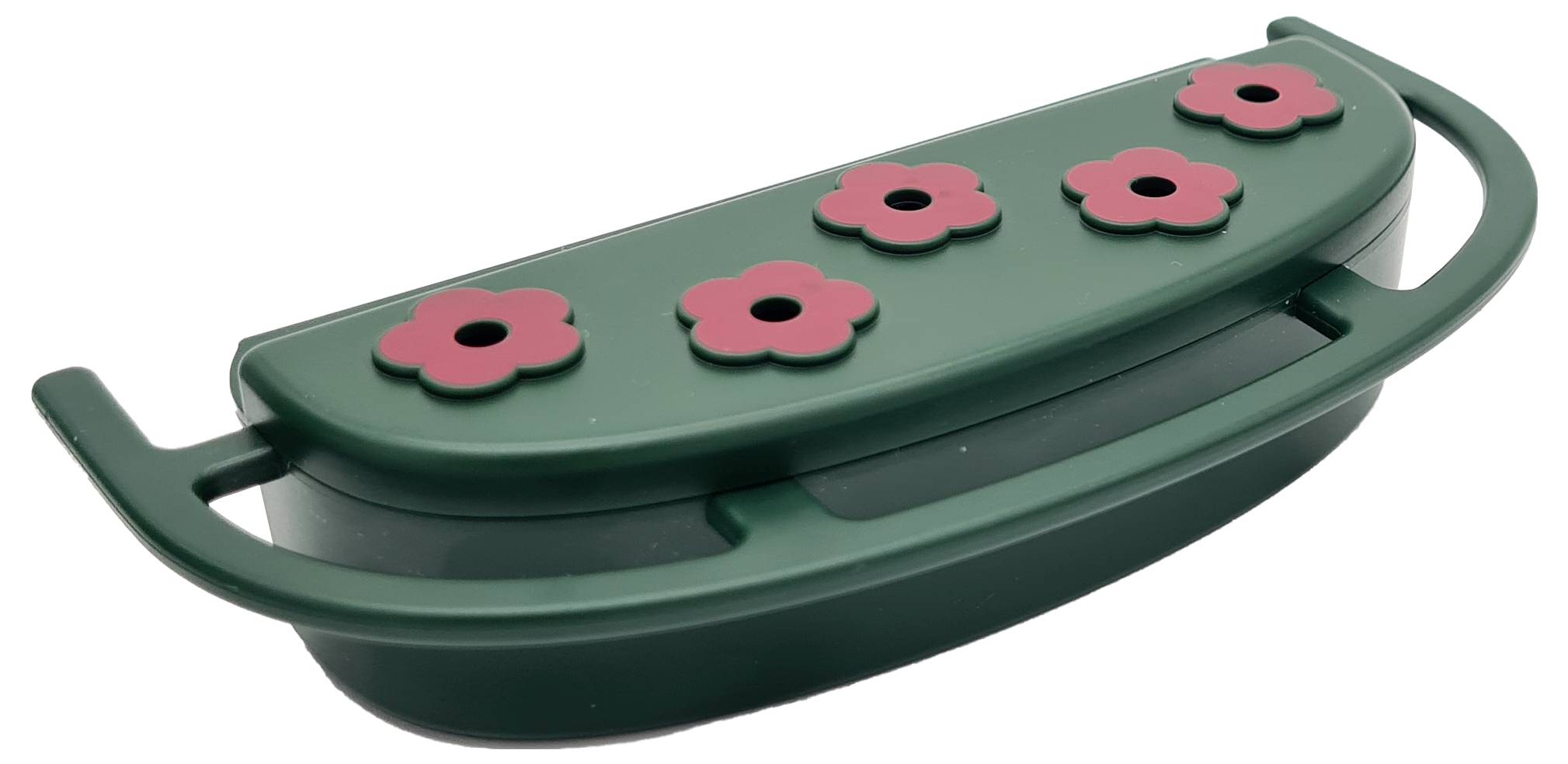 Grünes Plastikspielzeug in Form einer Erbse mit fünf roten Blumen oben drauf, sieht aus wie eine dekorative Aufbewahrungsbox.