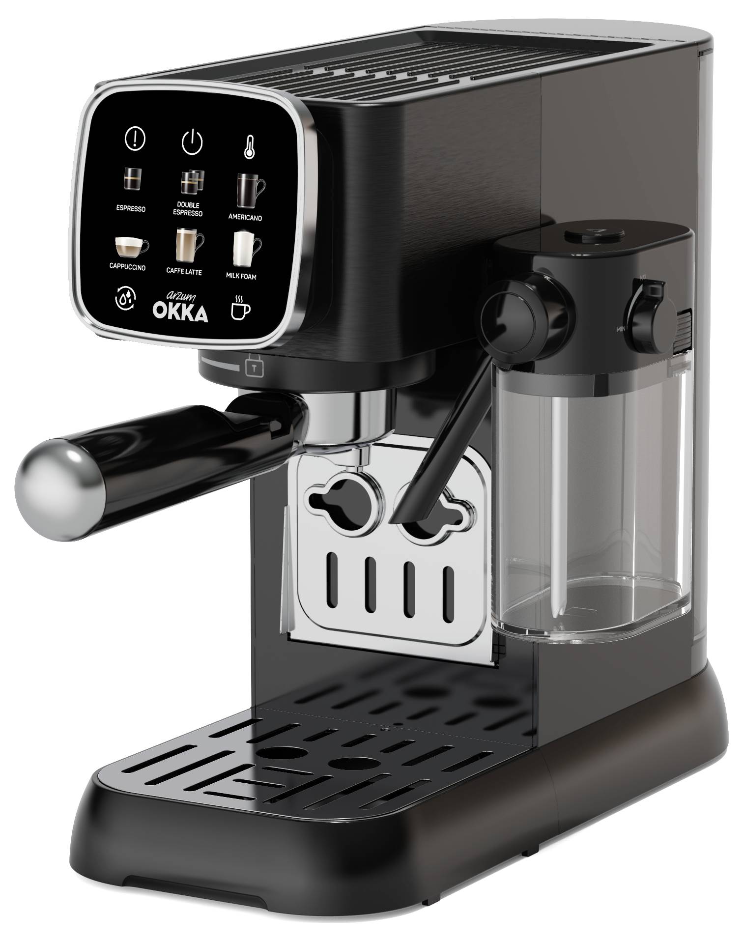 Arzum OK0032-0500 Espressomaschine mit Siebträger Chrom mit Milchbehälter, mit Milchaufschäumdüse