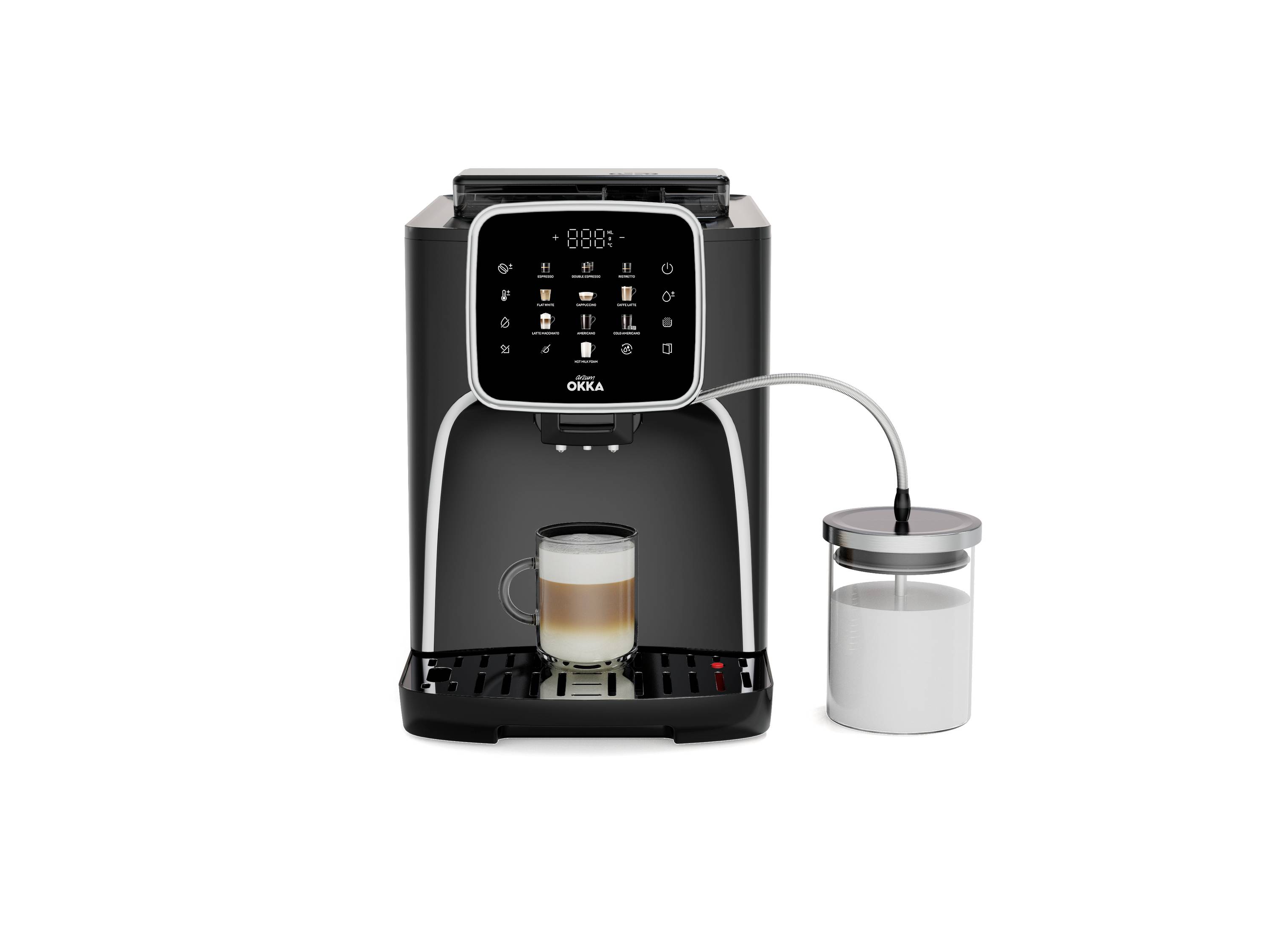 arzum OK0028-0500 Kaffeemaschine Chrom mit Milchbehälter, Display