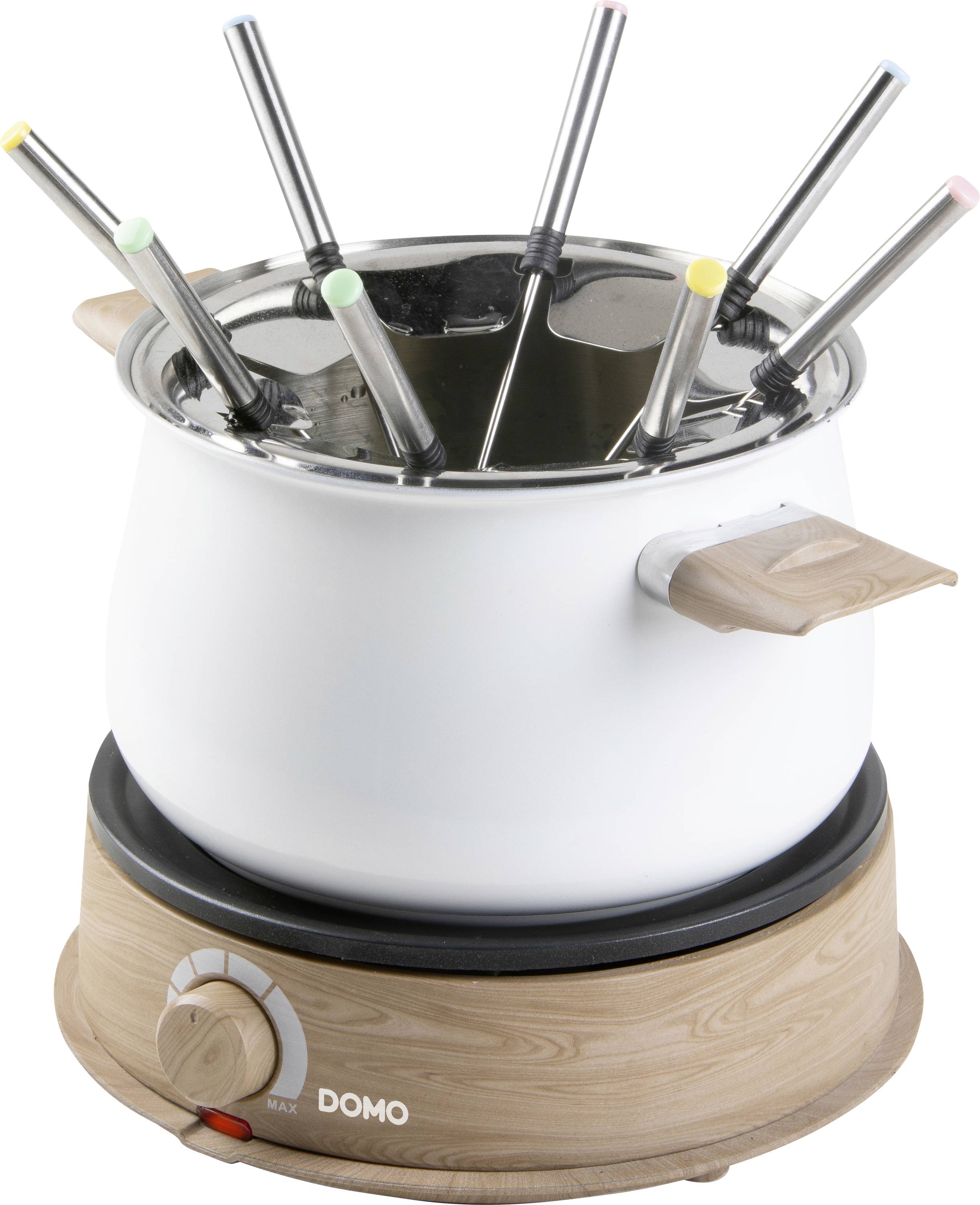 Ein elektrisches Fondue-Set mit Holzbasis, einem weißen Topf und sechs farblich markierten Fondue-Gabeln, geeignet für geselliges Essen.