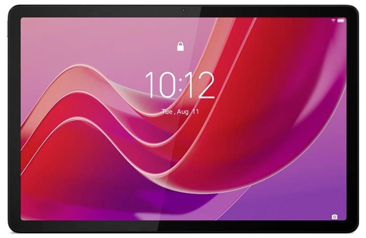Ein Tablet mit einem pink-violetten Hintergrund zeigt die Uhrzeit 10:12 am 11. August auf dem Bildschirm.