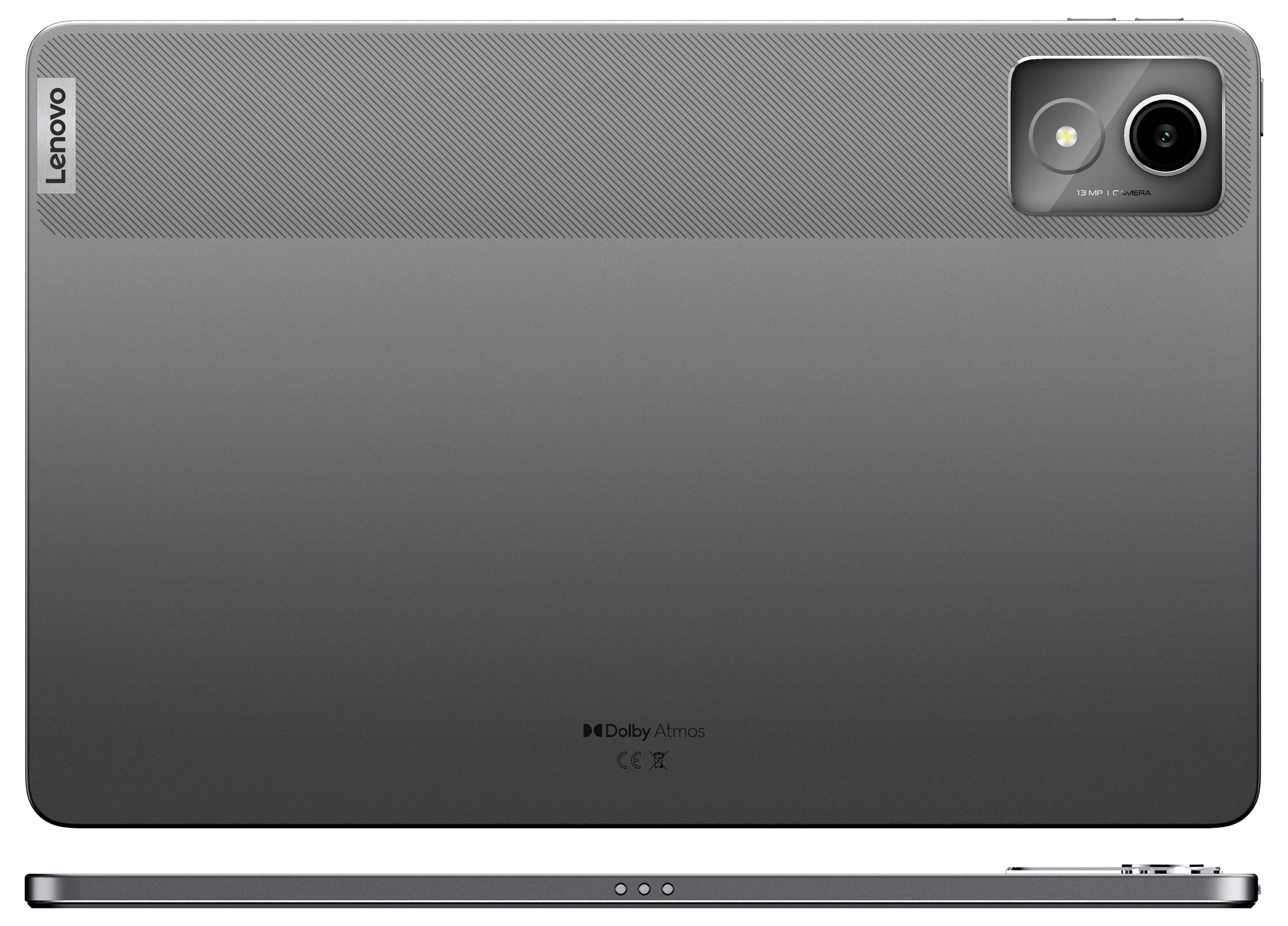Tablet-Rückseite in dunkelgrau mit Kamera oben rechts und Markenlogo links oben. Darunter 'Dolby Atmos' und weitere kleine Symbole. Gerät ist schlank designt.
