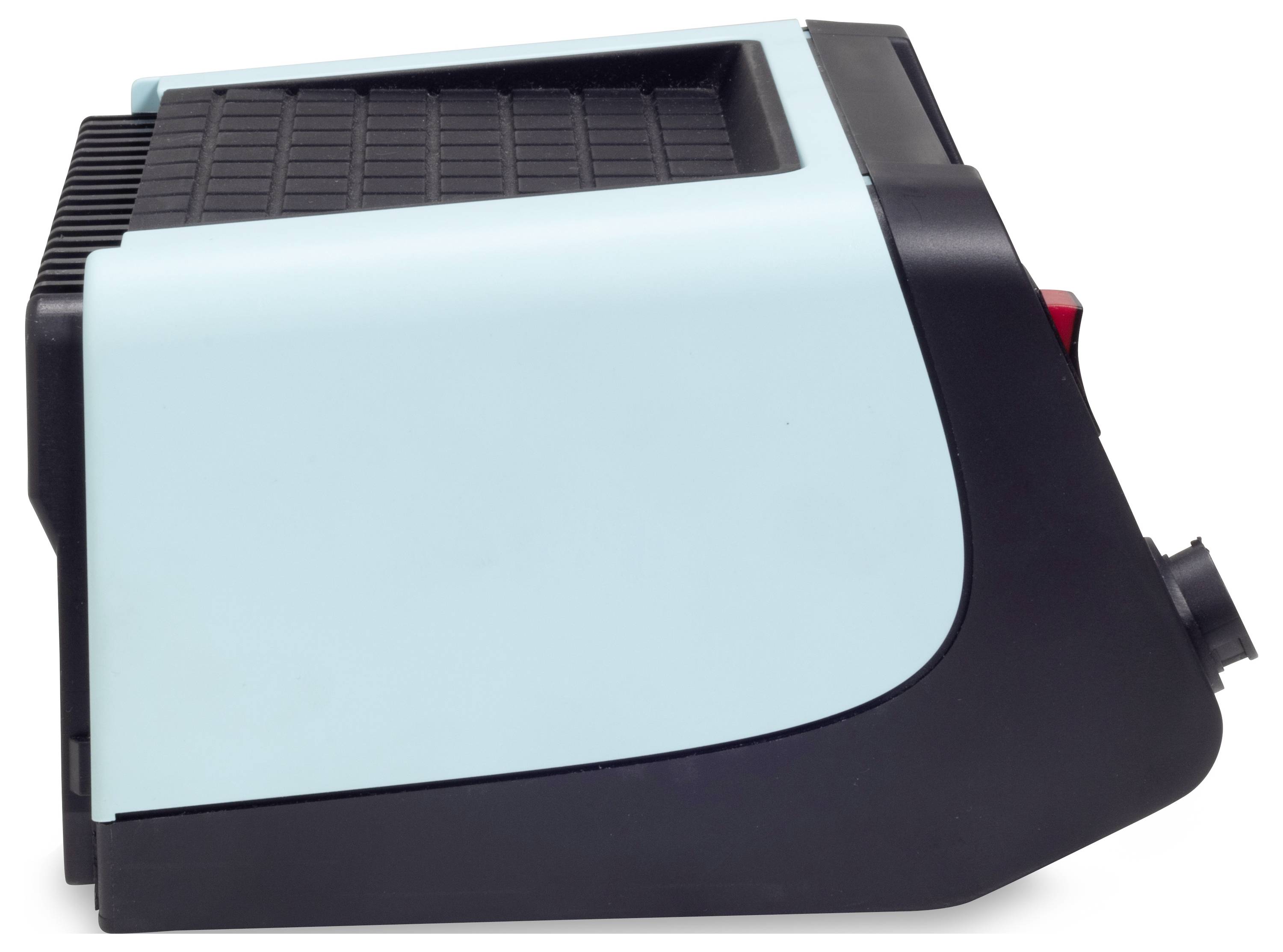 Ein seitliches Bild eines blauen und schwarzen modernen elektrischen Geräts mit Neigung nach unten. Hauptsächlich Kunststoffgehäuse.