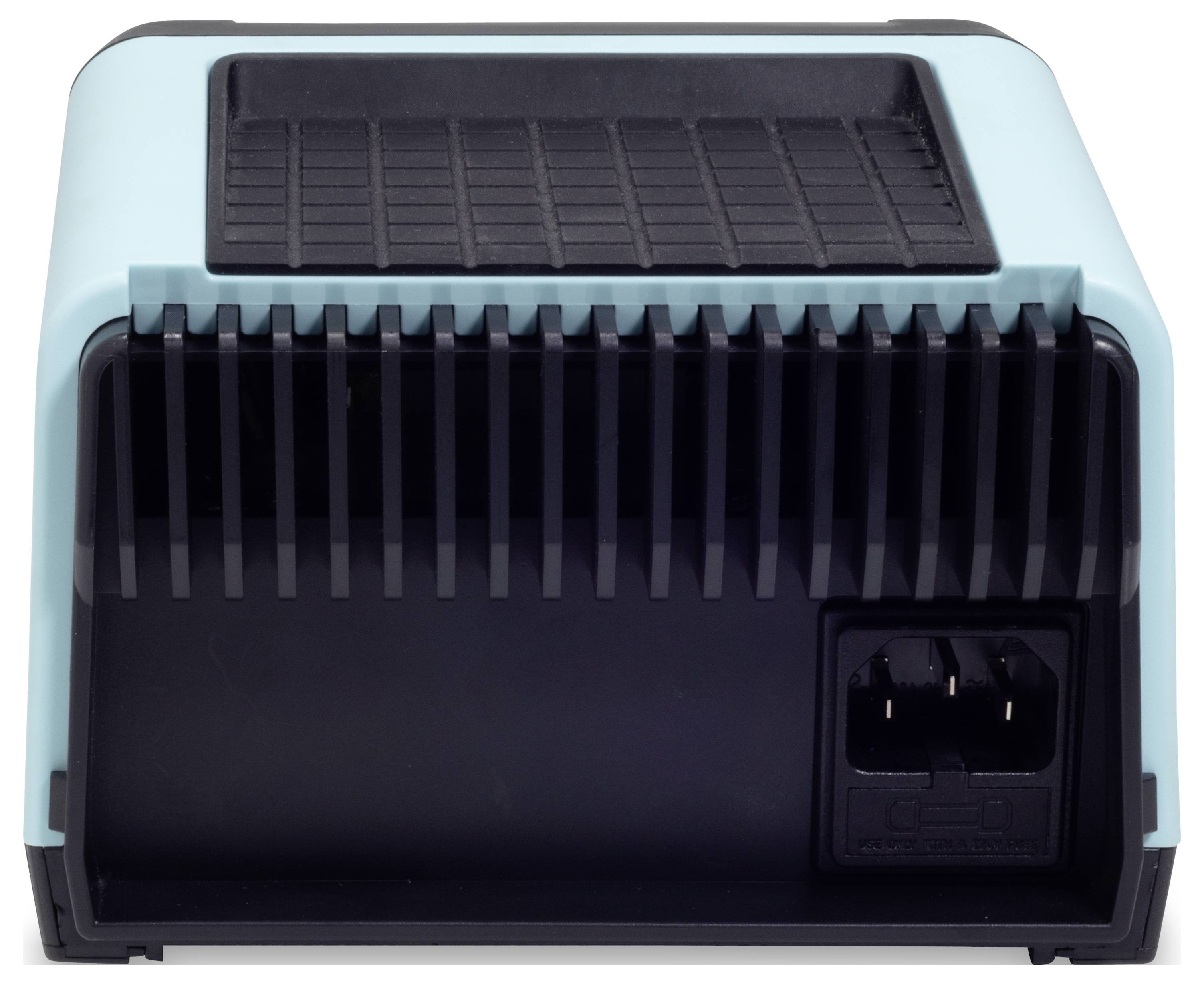 Ein schwarzes elektrisches Gerät mit türkisfarbenem Rand und einem Steckereingang auf der Rückseite, vermutlich für Luftfiltration.