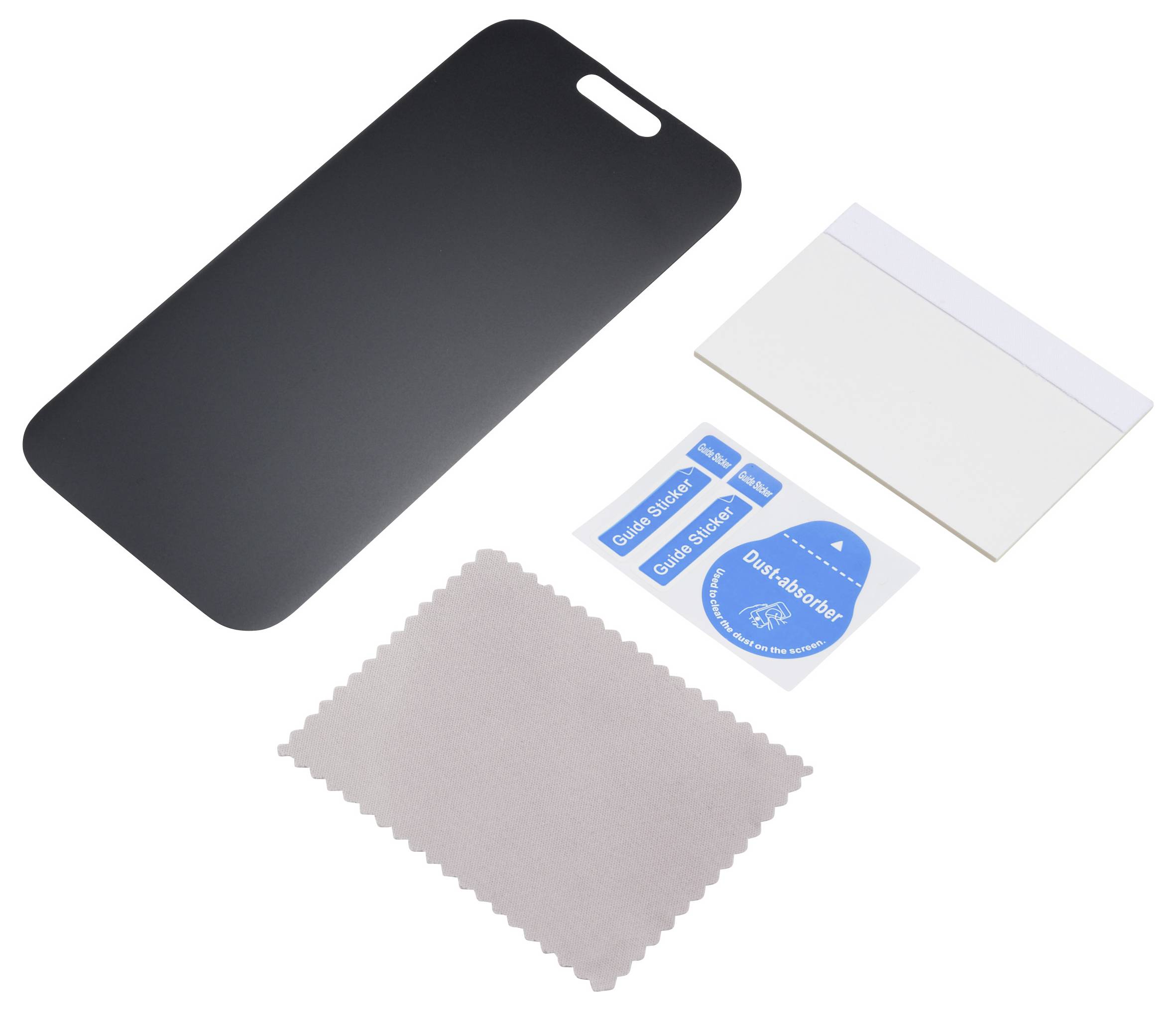 Displayschutzfolie Installationsset für Smartphone, bestehend aus einer schwarzen Displayschutzfolie, Staubentfernungsstickern, einem Reinigungstuch und einer Aufbringkarte.
