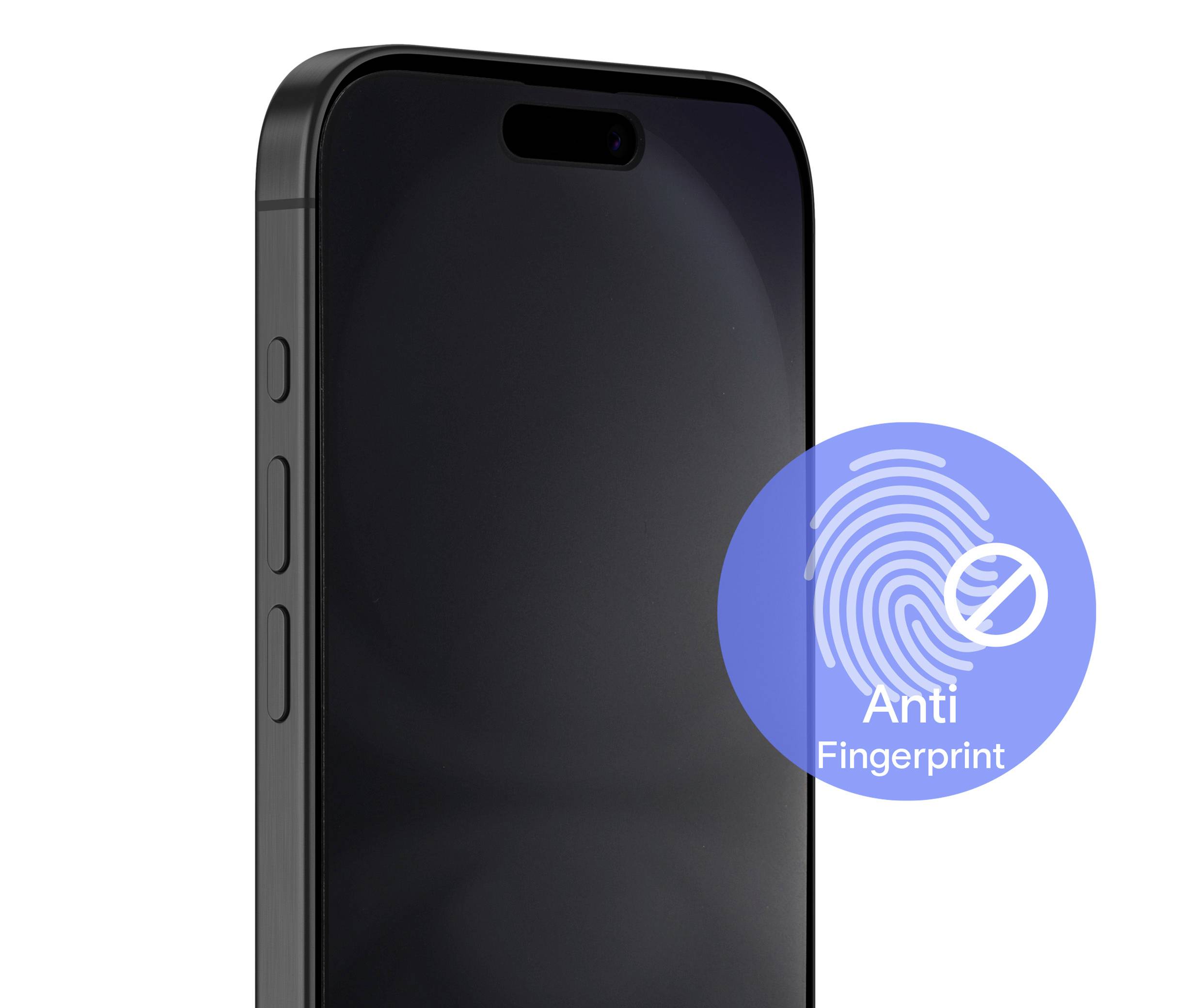 Smartphone mit einem schwarzen Bildschirm. Ein blaues Symbol zeigt einen Fingerabdruck und den Text 'Anti Fingerprint', was auf eine spezielle Beschichtung hinweist.