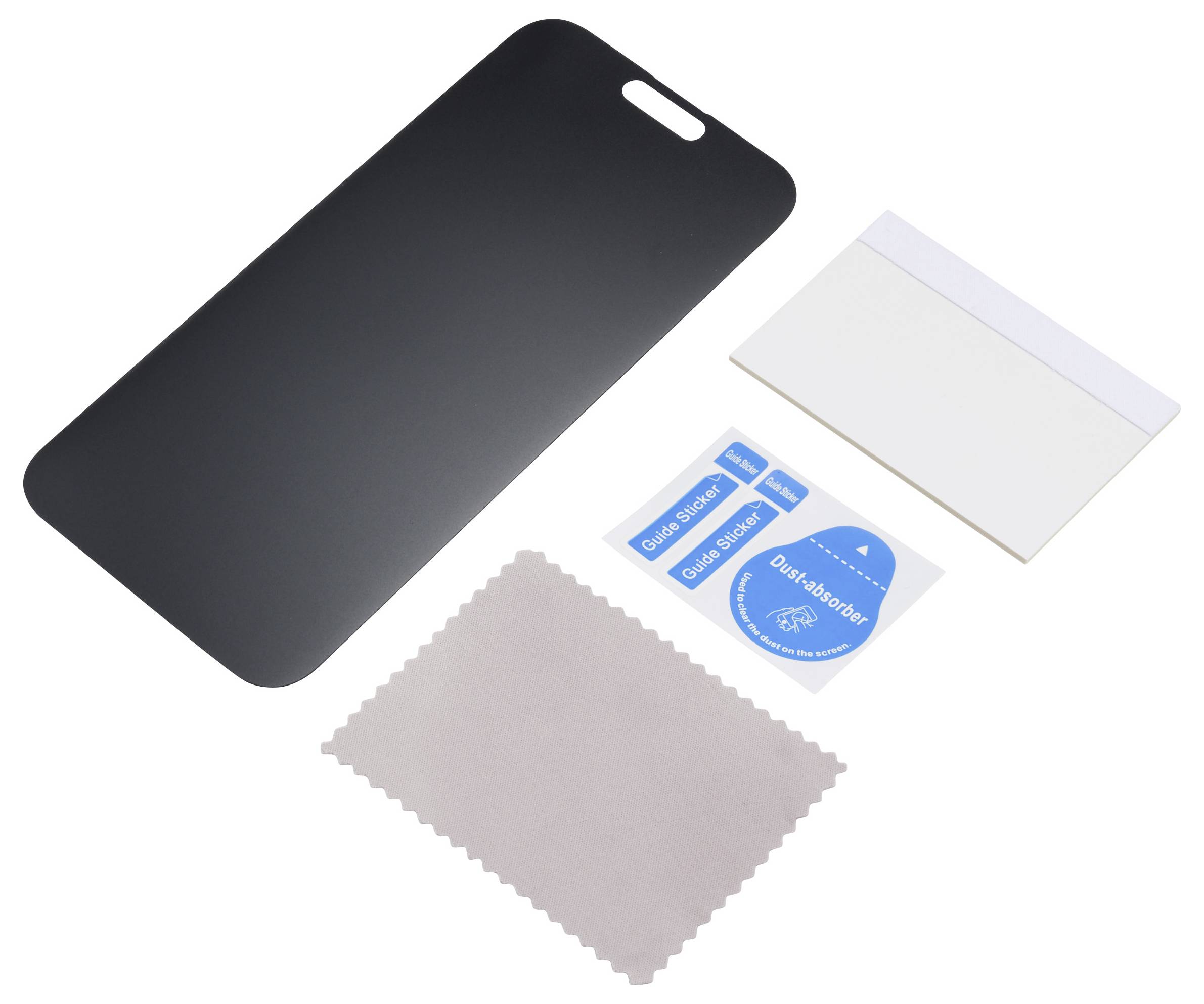 Smartphone-Displayschutz-Set mit Reinigungstuch, Alkohol-Reinigungstuch, Staubentferner-Aufkleber und Installationsanleitung auf weißem Hintergrund.