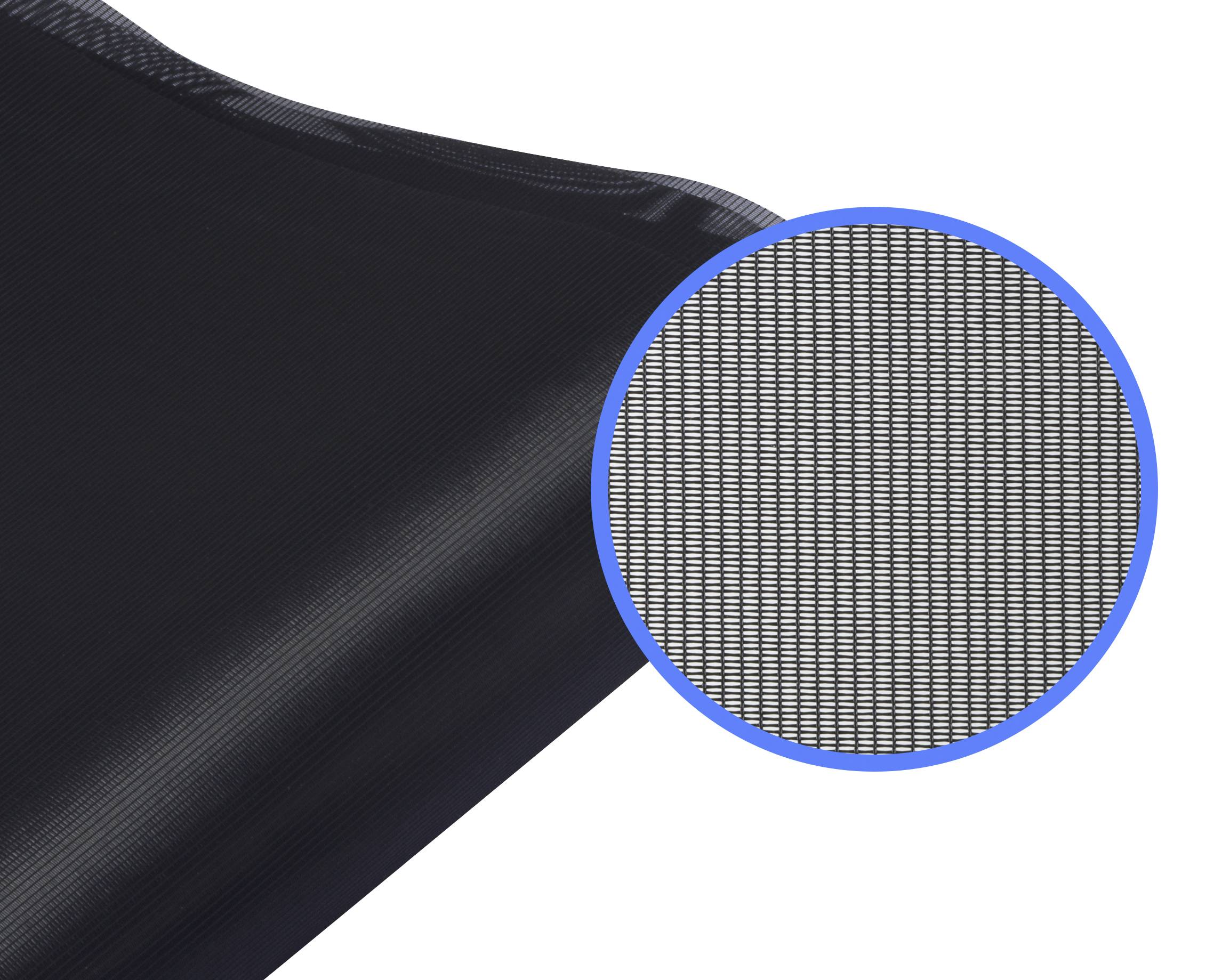 Ein schwarzes Plastikgitter, vergrößert im Kreis, zeigt die feine Maschenstruktur.