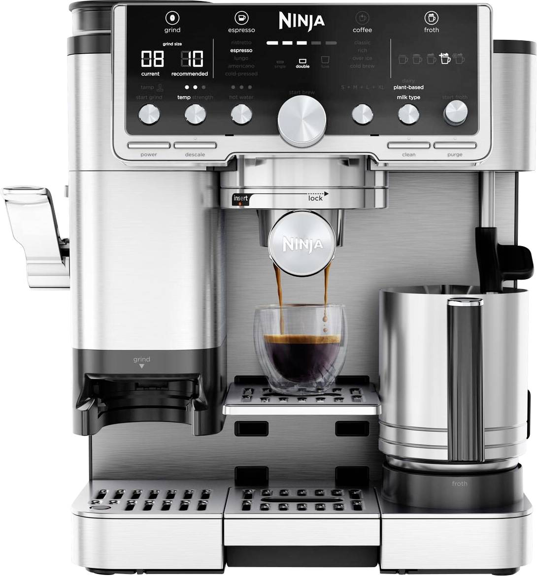 Ninja Luxe Cafe Pro Espressomaschine mit Siebträger Schwarz, Edelstahl 1650 W mit Filterkaffee-Funktion, mit Mahlwerk, mit Tassenwärmer