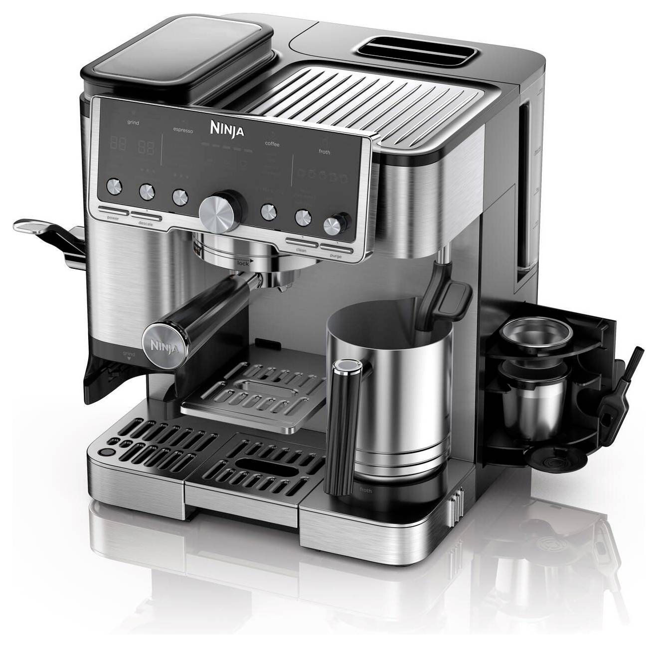 Ninja Luxe Cafe Pro Espressomaschine mit Siebträger Schwarz, Edelstahl 1650 W mit Filterkaffee-Funktion, mit Mahlwerk, mit Tassenwärmer