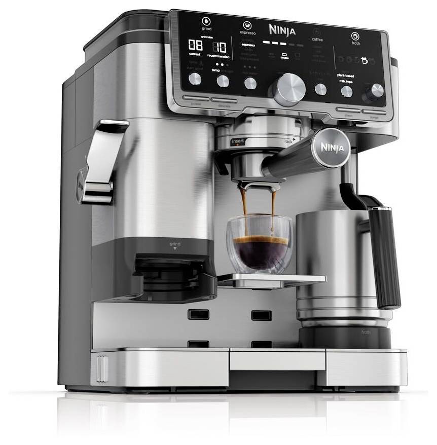 Ninja Luxe Cafe Pro Espressomaschine mit Siebträger Schwarz, Edelstahl 1650 W mit Filterkaffee-Funktion, mit Mahlwerk, mit Tassenwärmer