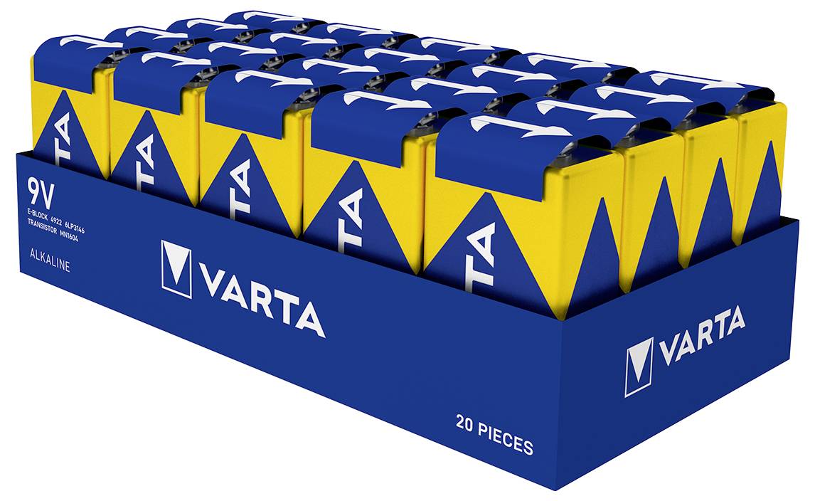 'VARTA' 9V alkaline Batterien, 20 Stück in blauer Box, gelb-blaues Design.