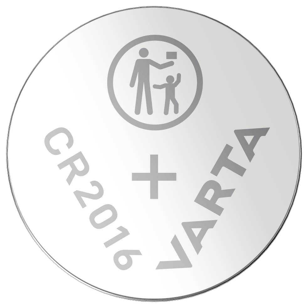 Batterie in Silber mit Gravur 'CR2016 Varta' und einem Symbol, das einen Erwachsenen zeigt, der einem Kind ein kleines Objekt reicht.
