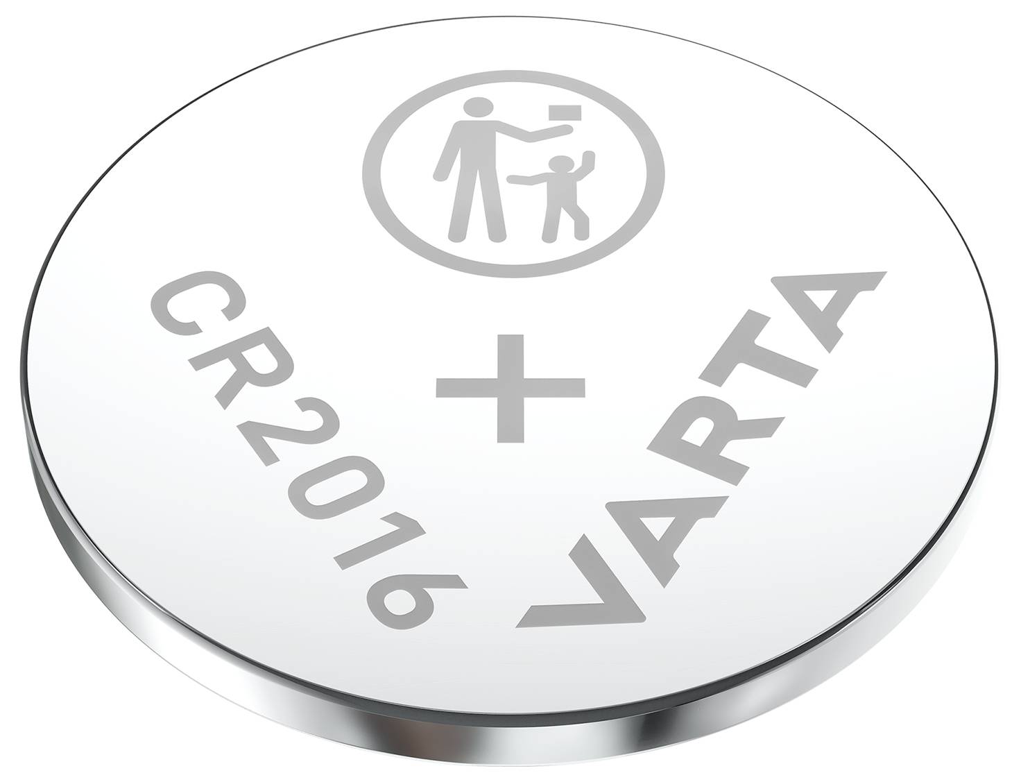 'VARTA CR2016' Lithium-Knopfzelle mit Symbol für Warnung vor Verschlucken durch Kinder oben auf der Batterie graviert.