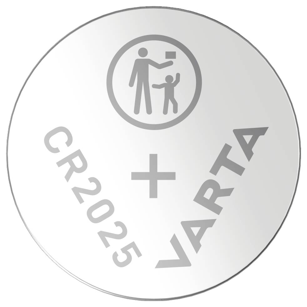 Knopfzelle mit der Aufschrift 'CR2025 VARTA' und einem Symbol, das einen Erwachsenen und ein Kind zeigt.