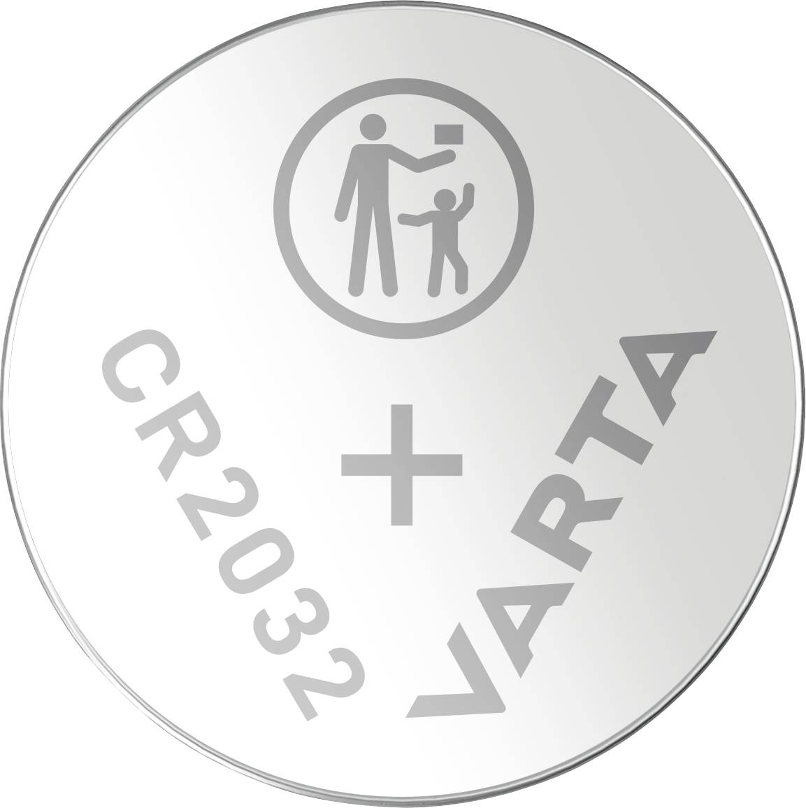 Eine silberne Knopfzellenbatterie mit der Markierung 'CR2032 VARTA' und einem Symbol, das das Weglegen von Kindern zeigt.