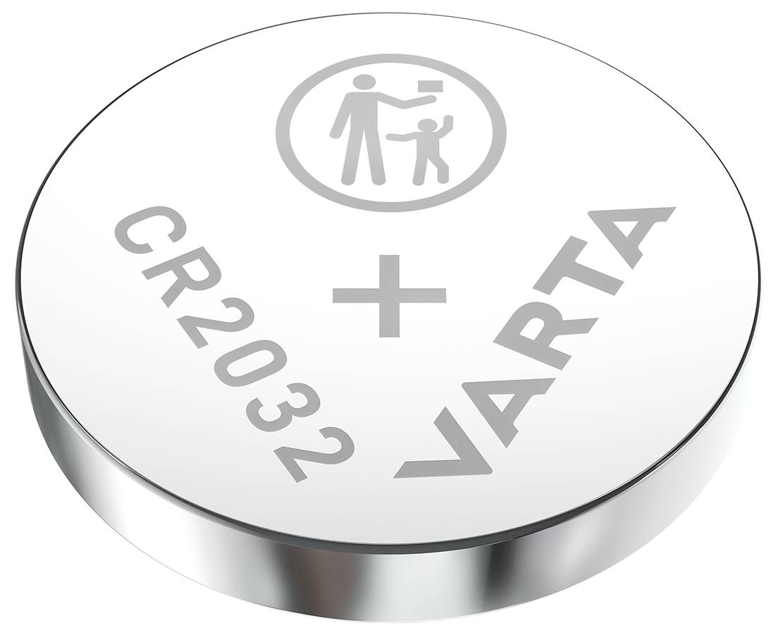 Runde Knopfzelle mit der Aufschrift 'CR2032 VARTA'. Ein Piktogramm zeigt einen Erwachsenen und ein Kind, wahrscheinlich als Warnhinweis.
