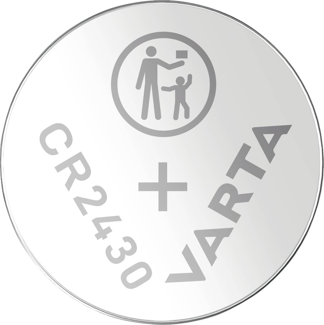 Eine runde Knopfzellenbatterie mit der Aufschrift 'CR2430 VARTA' und einem Symbol, das vor Verschlucken warnt.