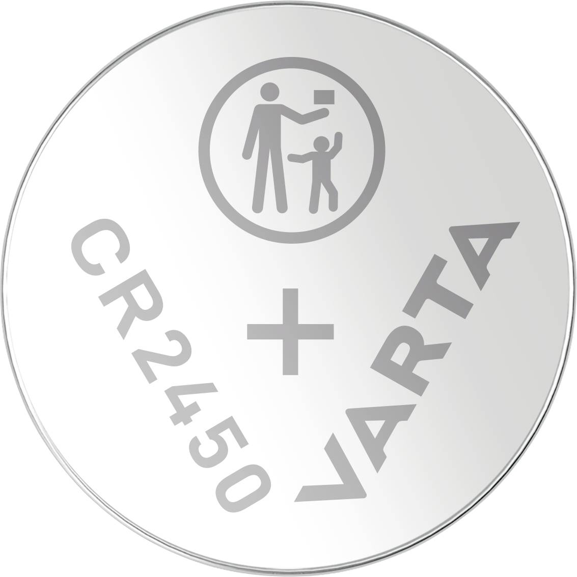 'CR2450 VARTA' Knopfzelle mit Warnsymbol, das einen Erwachsenen zeigt, der ein Objekt über einem Kind hält.