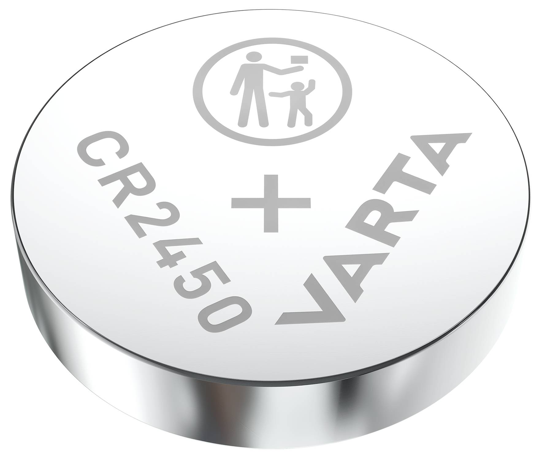Silberne Knopfzellenbatterie mit der Aufschrift 'CR2450' und 'VARTA'. Oben ein Symbol, das einen Erwachsenen mit einem Kind zeigt.