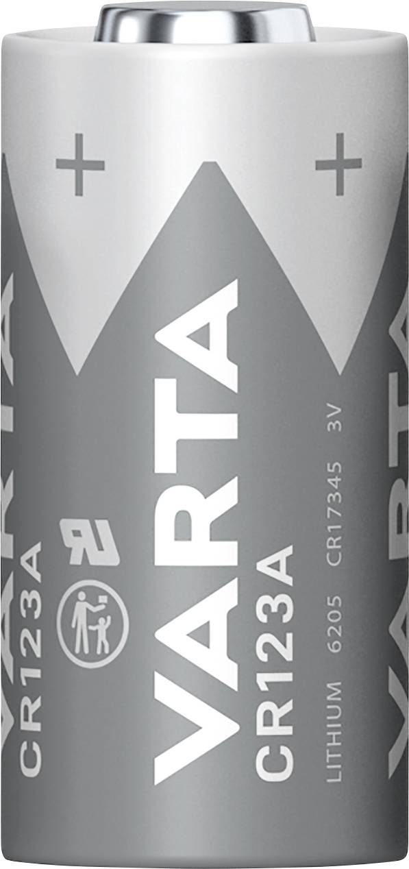 Silberne VARTA CR123A Lithium-Batterie mit Plus- und Minussymbolen, zeigt Markenname und Modellnummer, 3 V, geeignet für Geräte.
