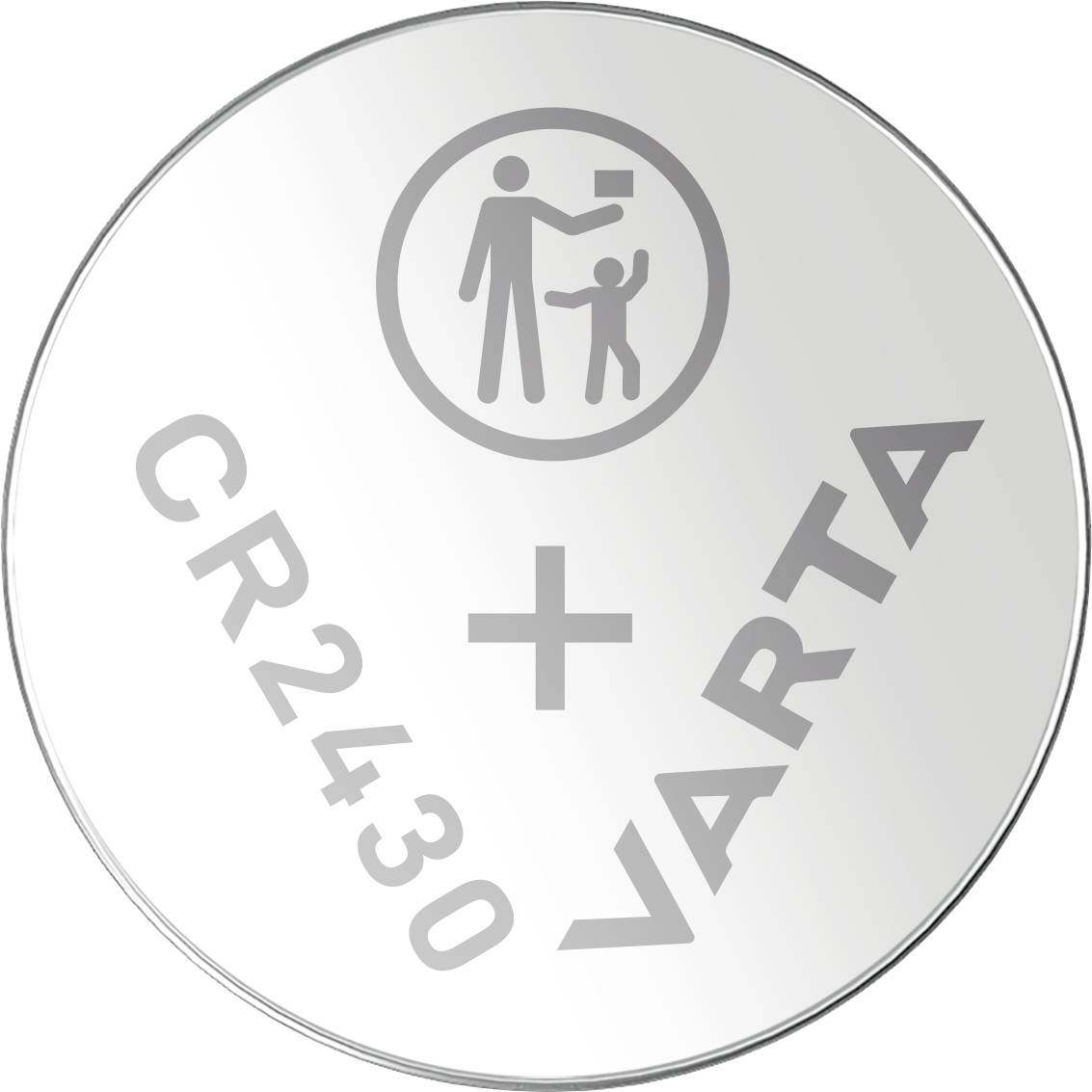 Runde Silberknopfzellenbatterie, beschriftet mit 'CR2430 VARTA' für die Batteriegröße und Marke. Piktogramm warnt vor Verschluckgefahr für Kinder.
