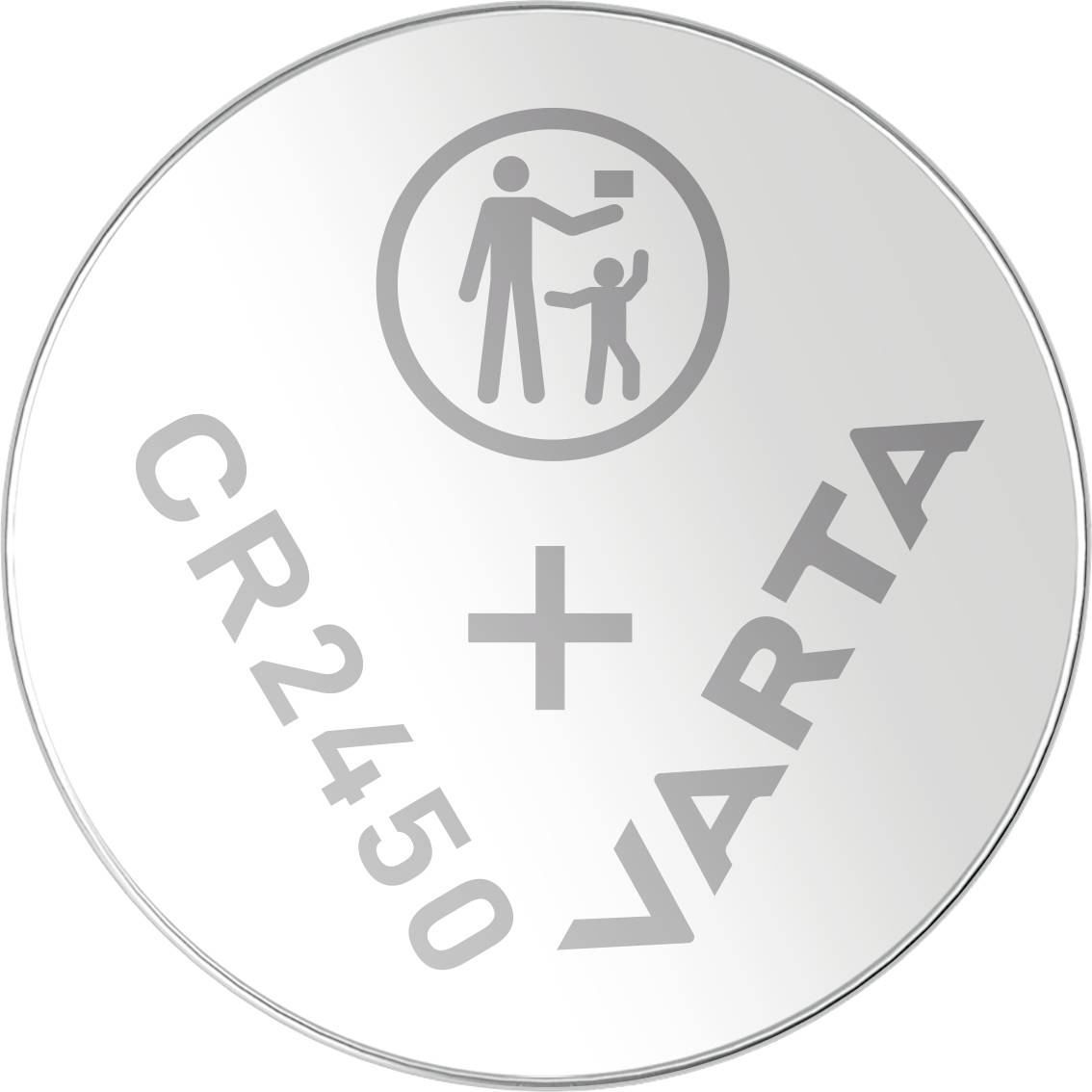 Silberne Knopfzelle der Marke Varta mit der Bezeichnung CR2450. Oben ein Symbol, das warnt, dass die Batterie von Kindern ferngehalten werden soll.