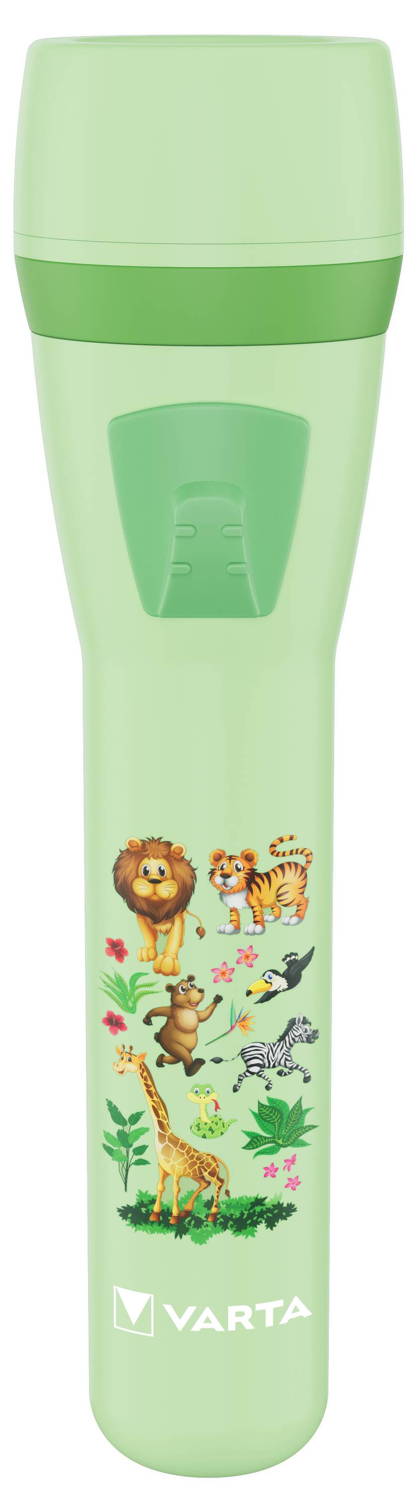 Grüne Taschenlampe mit Tiermotiven: Löwe, Tiger, Giraffe, Frosch und Affe. Darunter der Schriftzug 'VARTA'.