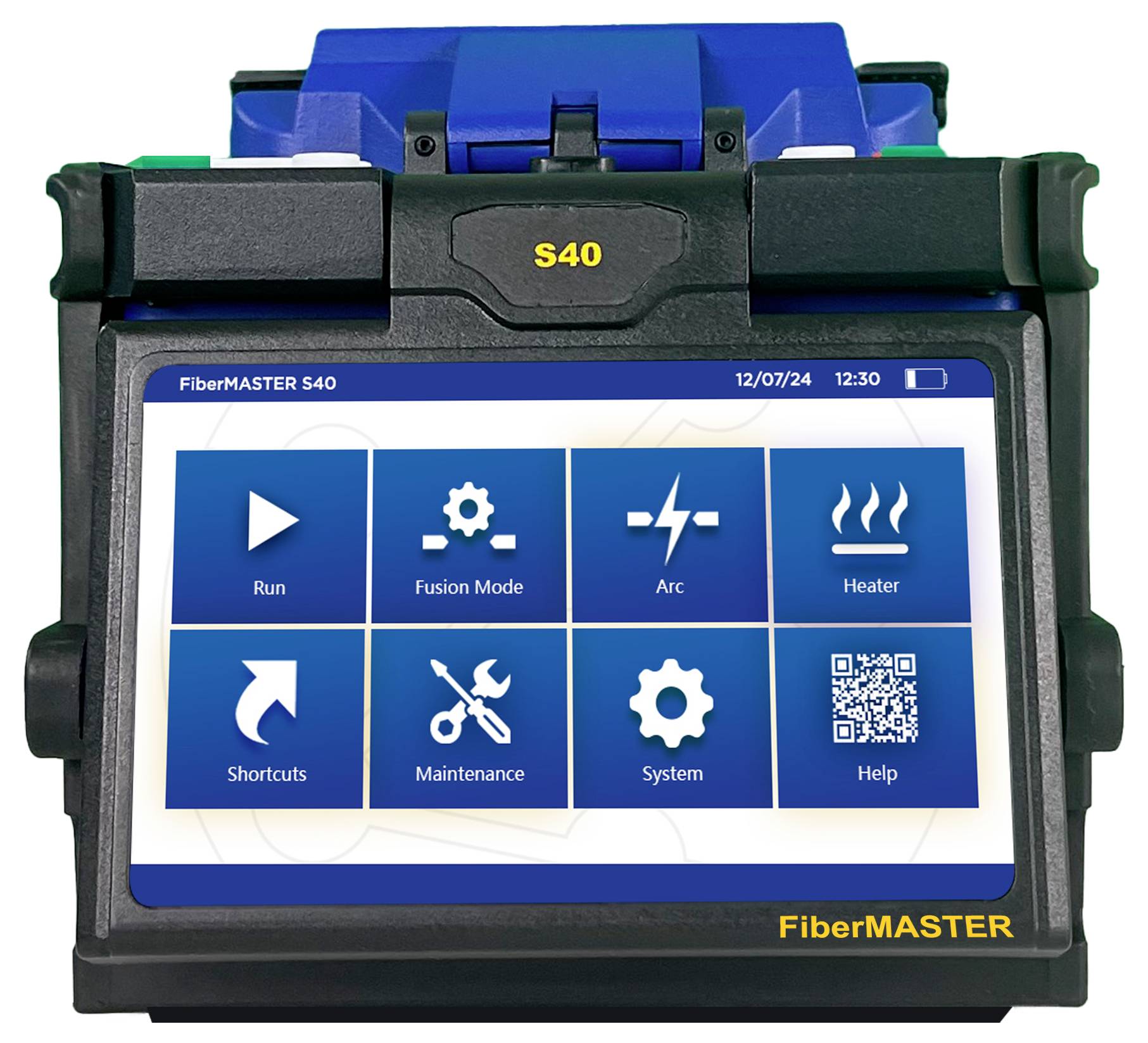 Fusion-Spleißgerät mit Bildschirm, zeigt Menü mit Optionen: 'Run', 'Fusion Mode', 'Arc', 'Heater', 'Shortcuts', 'Maintenance', 'System', 'Help'.