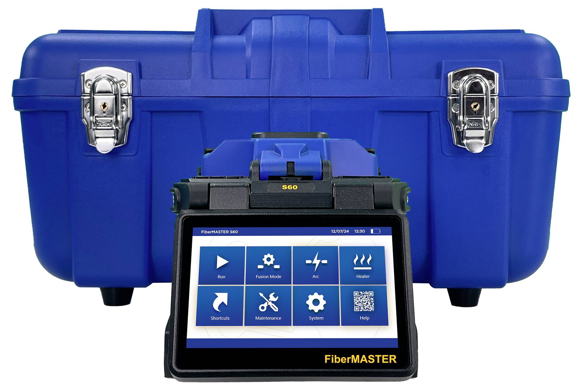 Ein blaues Werkzeuggerät mit einem digitalen Display vorn zeigt Symbole für Messfunktionen an. Dahinter befindet sich ein blauer Koffer.