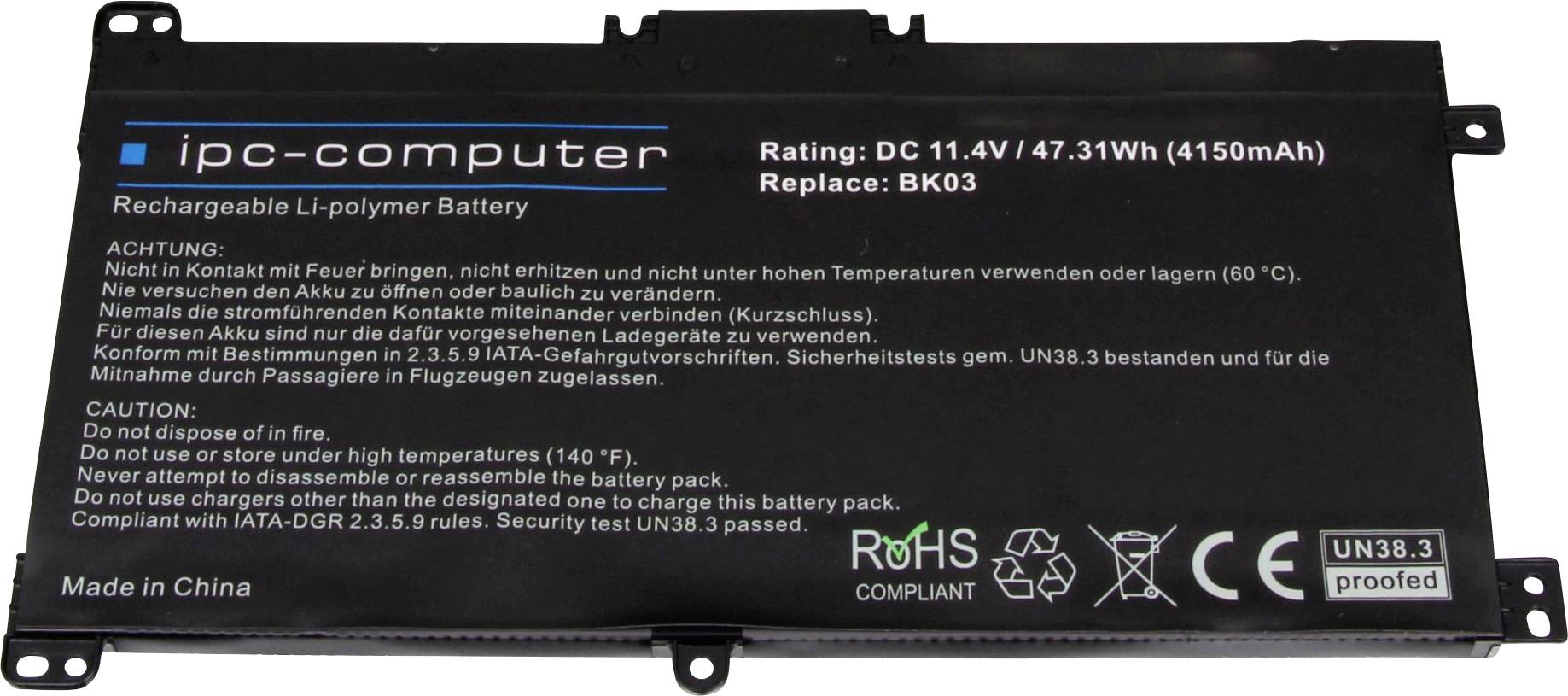 Ipc-computer Notebook-Akku BK03-H REPLACE 11.4V 4150 mAh HP