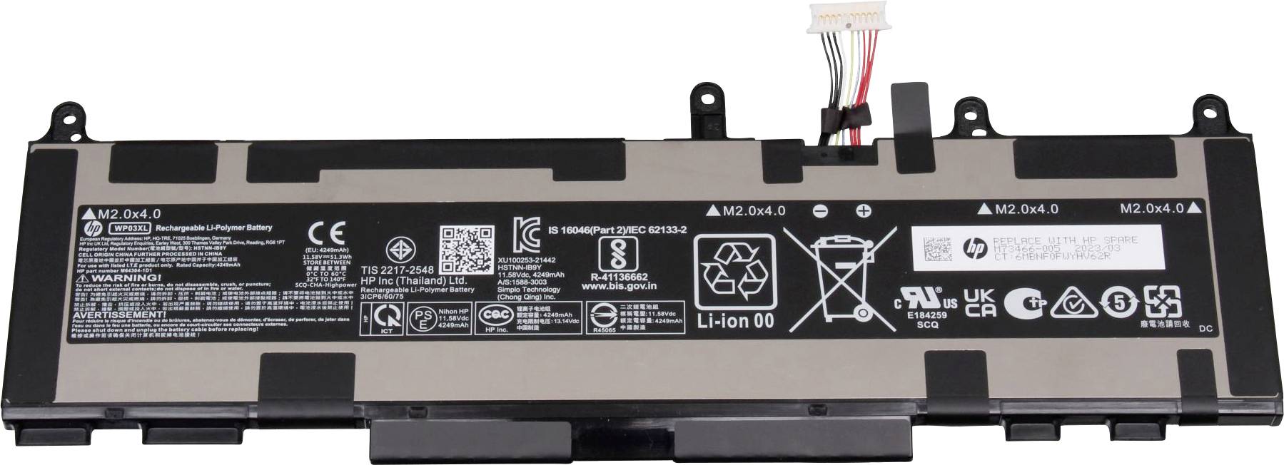 Laptop-Akku mit Labels, Anschlüssen und technischen Symbolen; für bestimmte HP-Modelle geeignet.