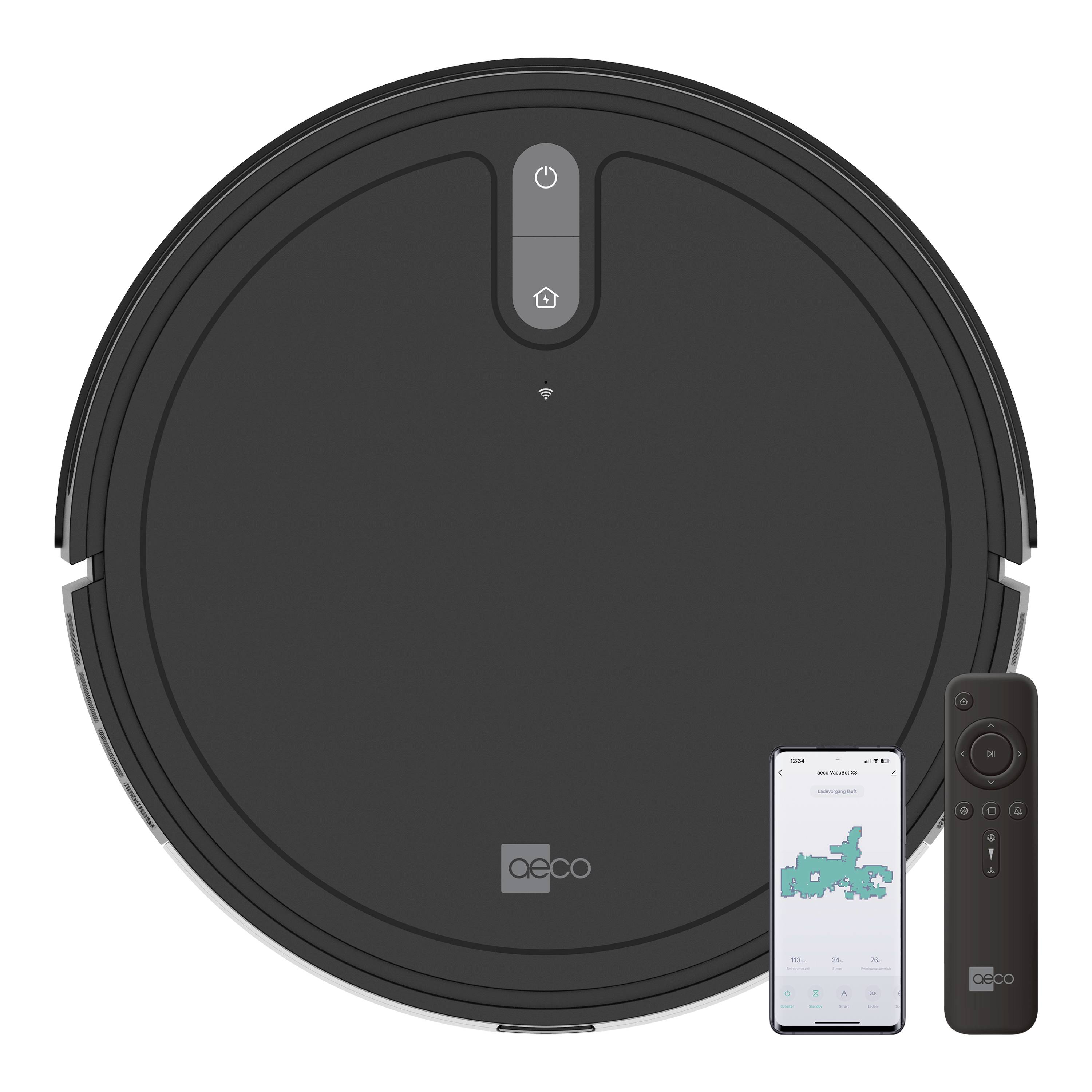 Ein runder schwarzer Saugroboter mit abgebildetem Smartphone und Fernbedienung daneben. Das Smartphone zeigt einen Reinigungsfortschritt.