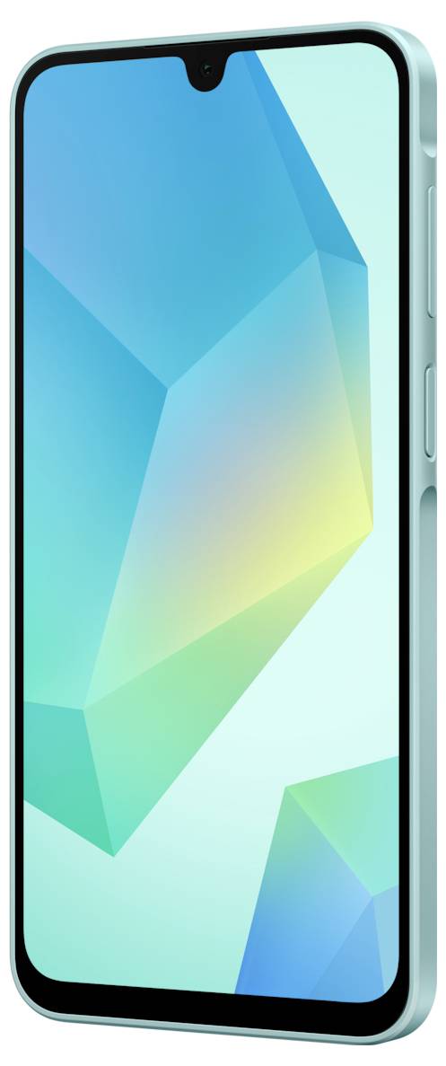 Smartphone mit hellem, geometrischem Hintergrund auf dem Bildschirm, blauer Rand und Tropfenaussparung für die Kamera oben.