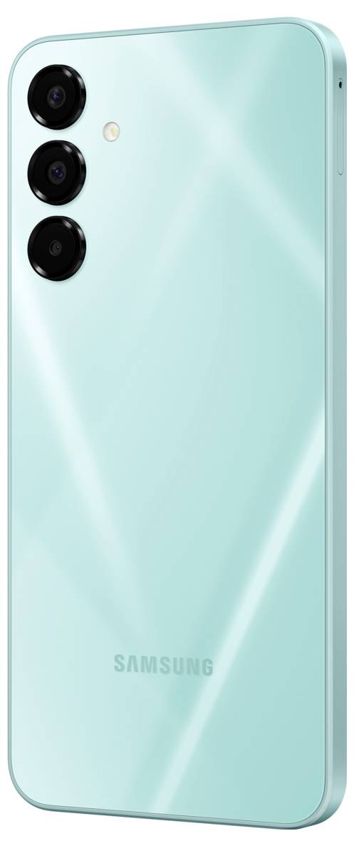 Ein türkisfarbenes Smartphone mit drei Kameralinsen auf der Rückseite und dem Samsung-Logo unten.