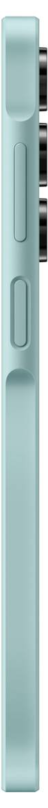 Ein türkisfarbenes Smartphone von der Seite, zeigt zwei Tasten und eine flache, rechteckige Form mit zwei Kameralinsen.