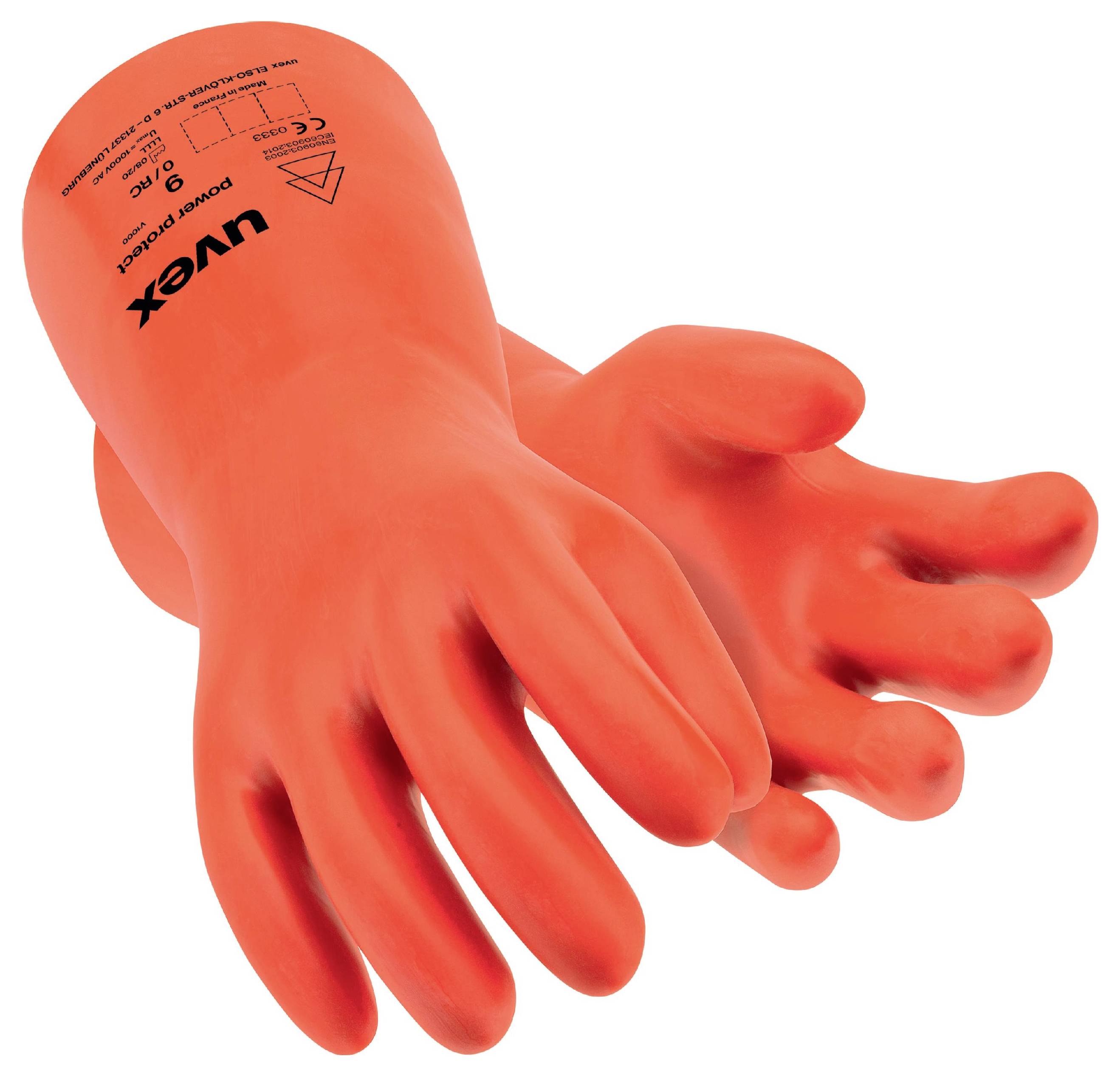 'Orangene, isolierende Handschuhe für elektrische Arbeiten mit Aufdruck 
