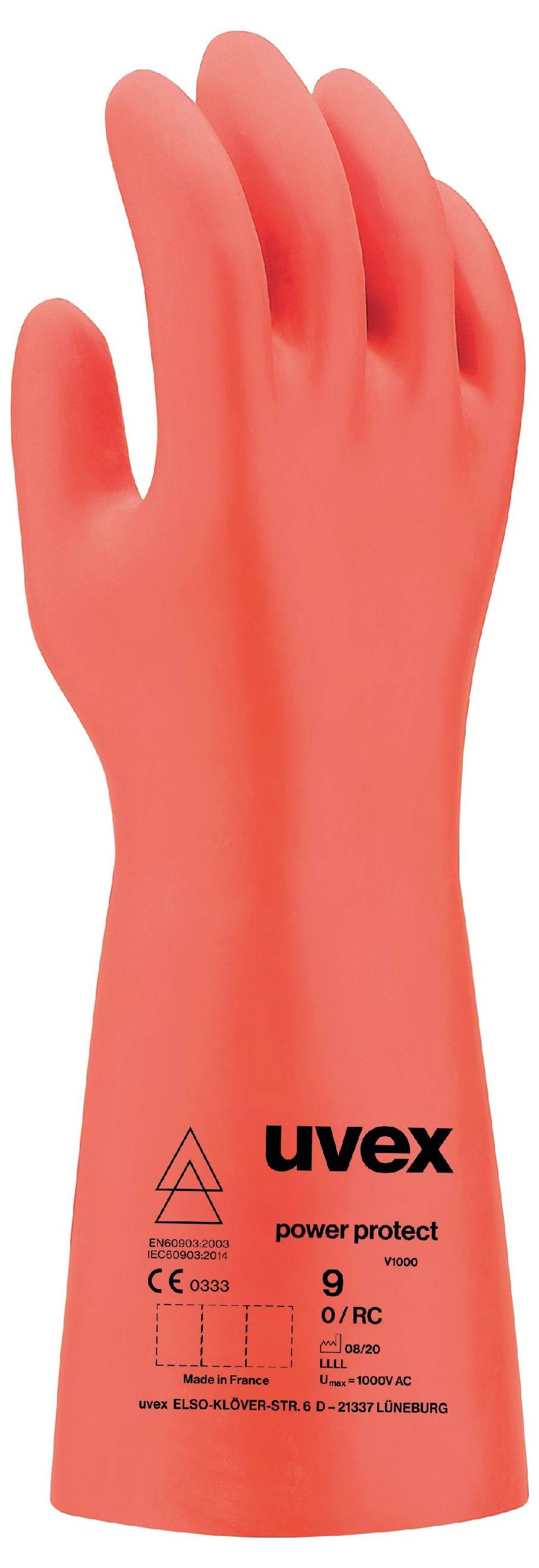 Ein orangefarbener Schutzhandschuh von uvex, geeignet für elektrische Arbeiten, mit CE-Kennzeichnung und Schutzsymbolen aufgedruckt.