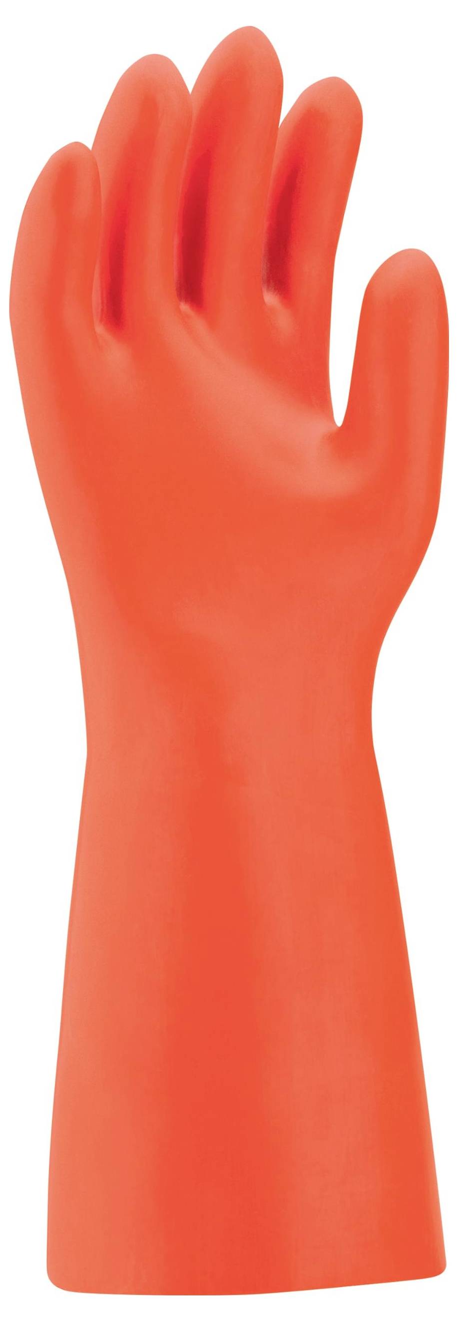 Einzelner orangefarbener Gummihandschuh, erhobene Position, symbolisiert Schutz oder Reinigung.