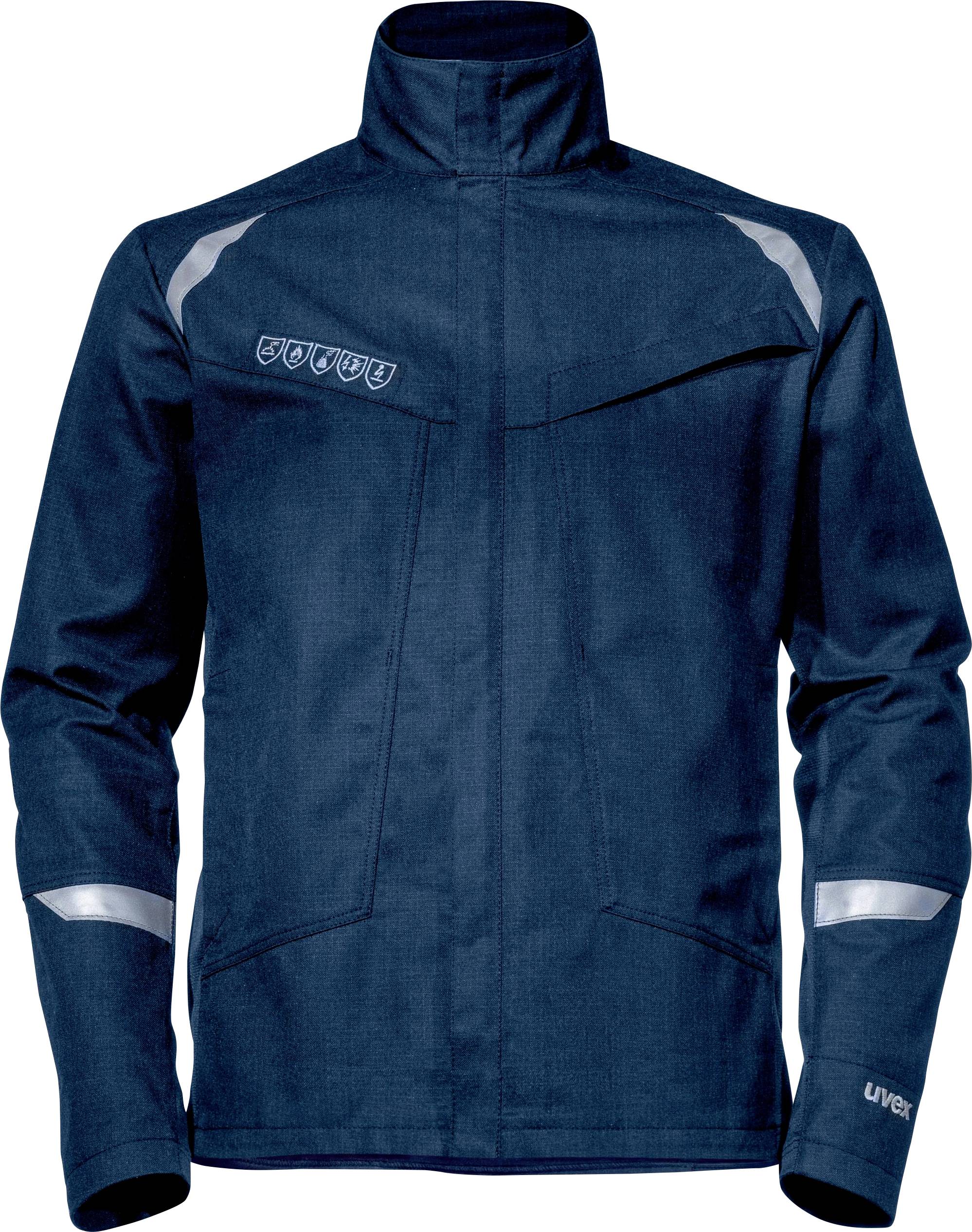 Dunkelblaue Arbeitsjacke mit hohem Kragen, reflektierenden Streifen an den Schultern und einem Logo auf der Brust.