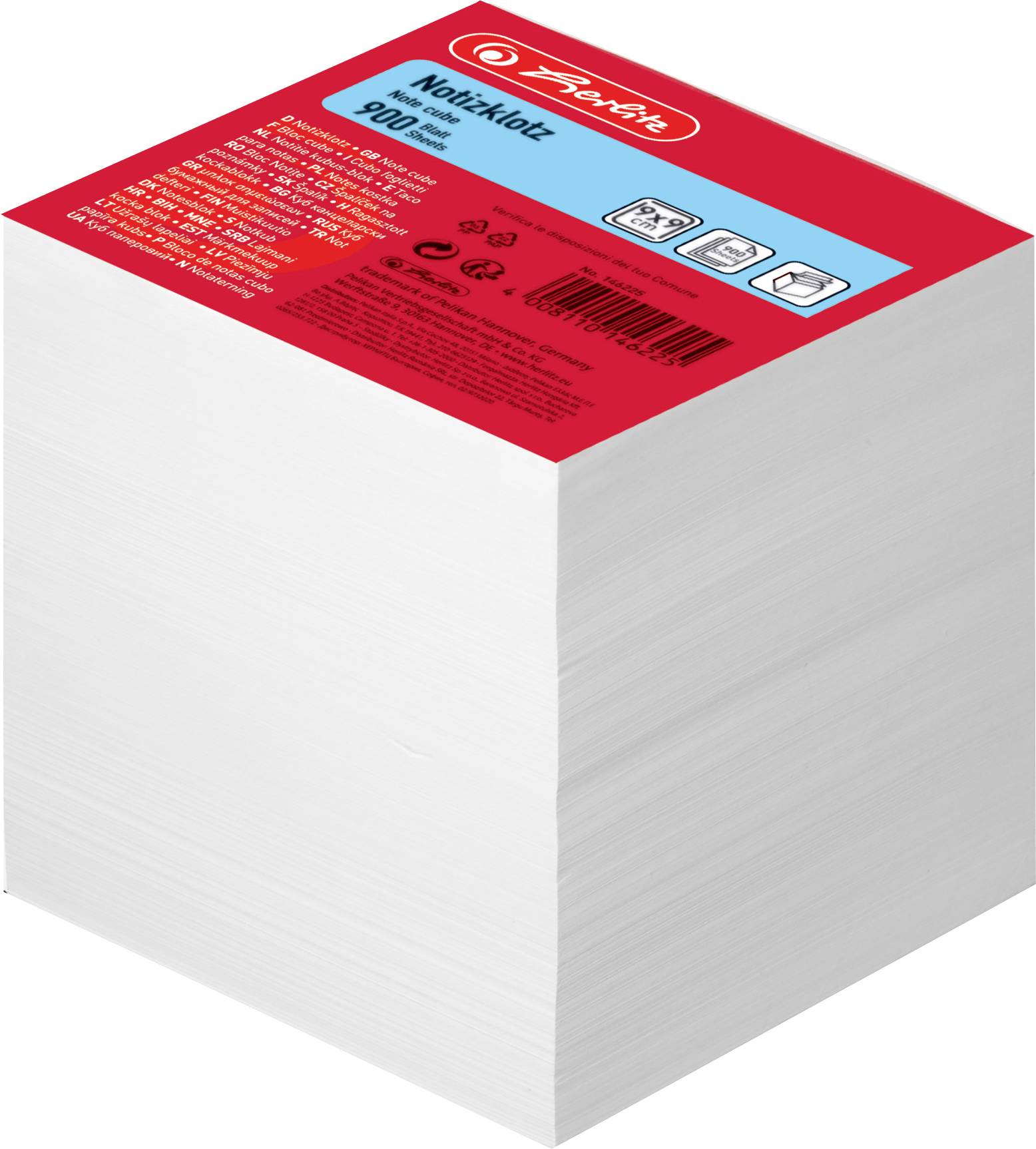 Ein großer Würfel aus weißen Notizzetteln, 900 Blätter, mit einer roten Verpackung. Die Rückseite zeigt Symbole und eine Barcode.