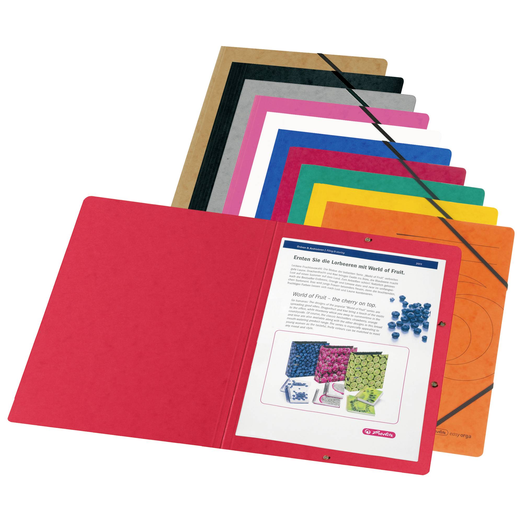 Ordner mit bunten Umschlägen und einem geöffneten Ordner mit einem gedruckten Dokument über Obst. Ordner haben elastische Bänder.