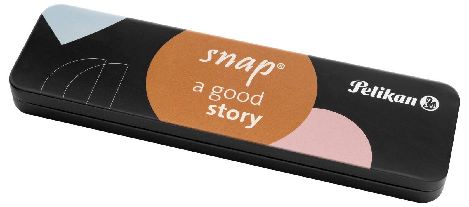 Federmäppchen von Pelikan mit geometrischen Mustern und der Aufschrift 'snap a good story'.